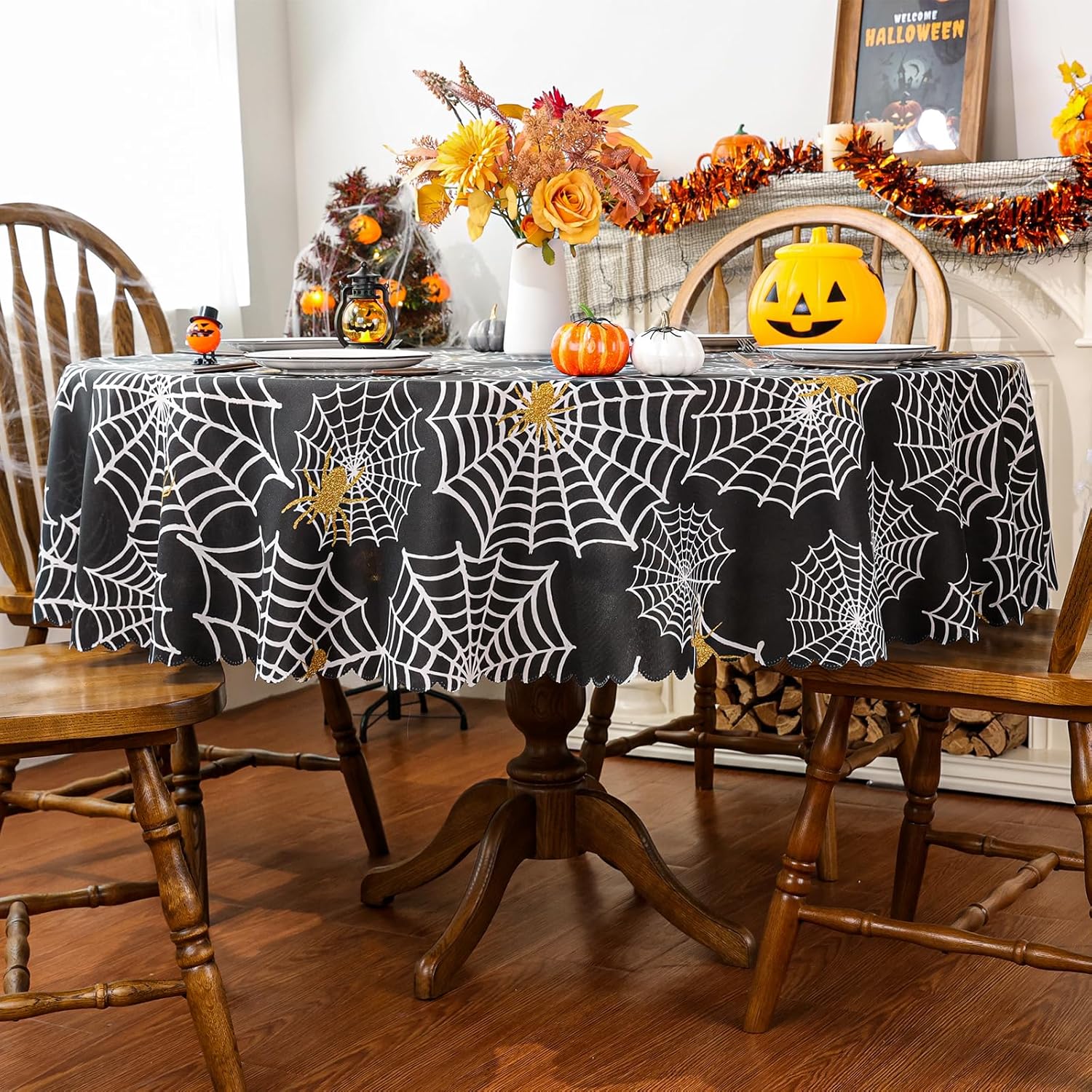 Mantel redondo de Halloween de 70 x 70 pulgadas, decoraciones de Halloween para el hogar, patrón de telaraña, decoración de Halloween, mantel de