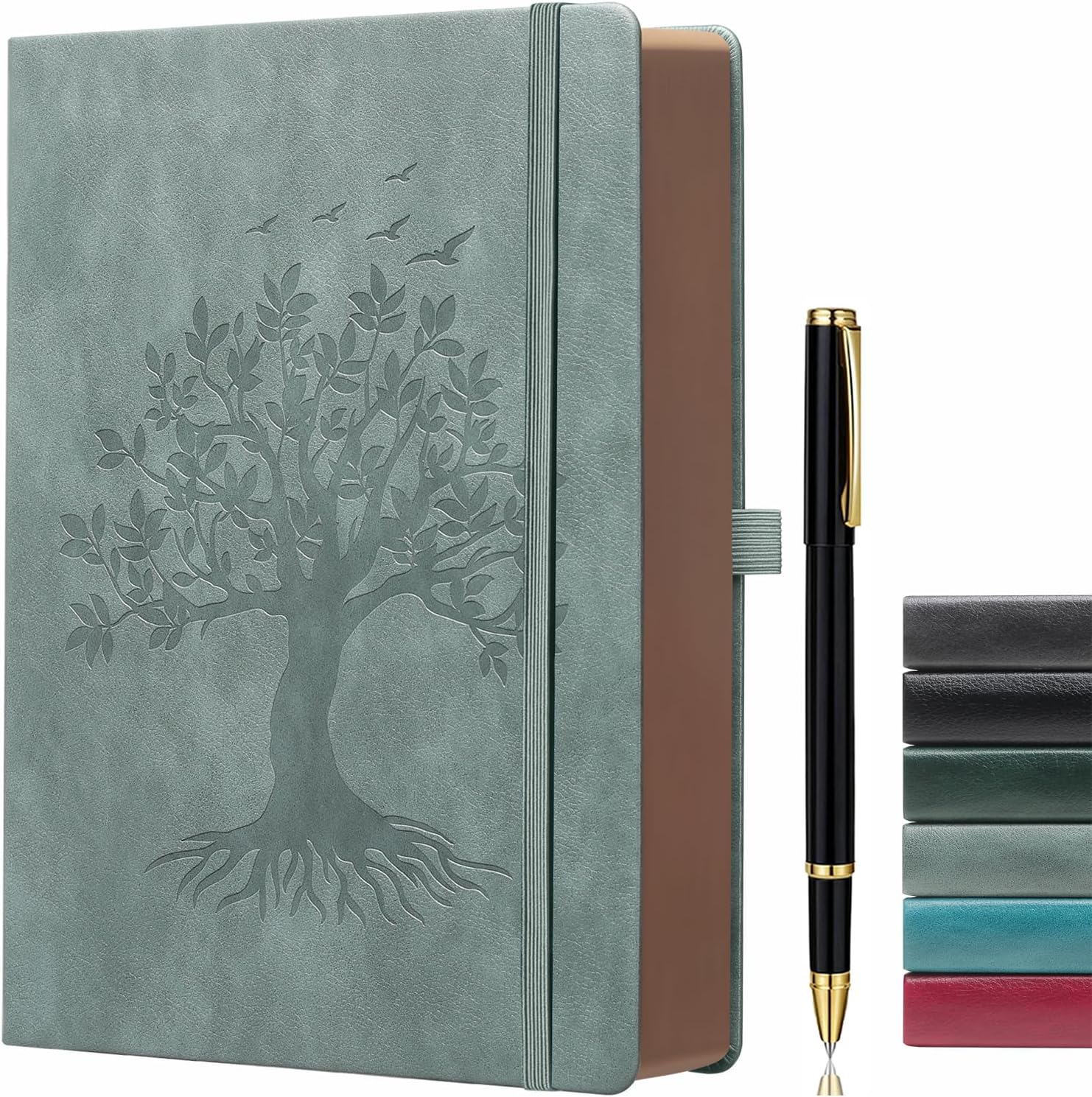 Cuaderno de diario grueso con bolígrafo, 360 páginas de papel de 3.53 ozm, borde rociado marrón, diario para escribir cuaderno de rayas B5, tapa