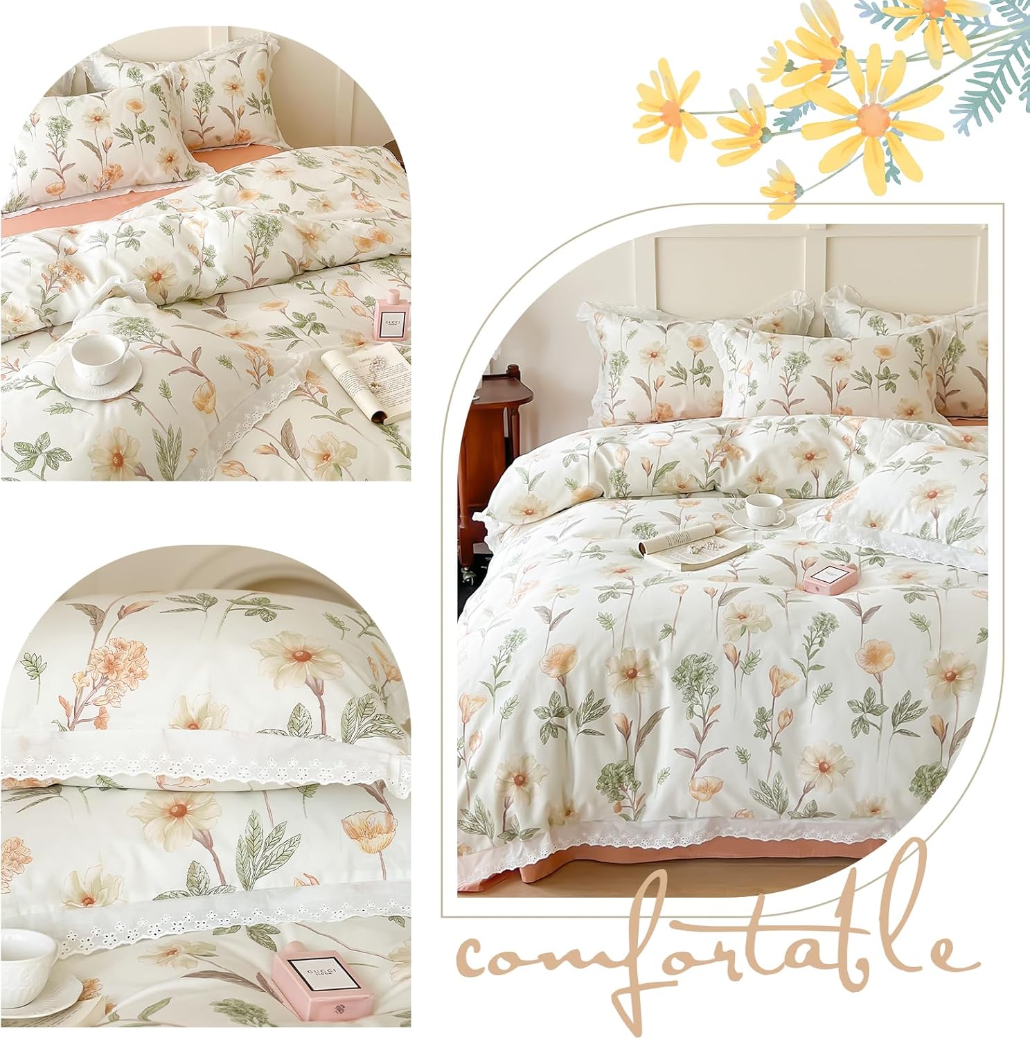 OTOB Juego de funda de edredón floral, tamaño Queen, color beige, 100% algodón, con cierre de cremallera, 4 lazos para todas las estaciones, funda