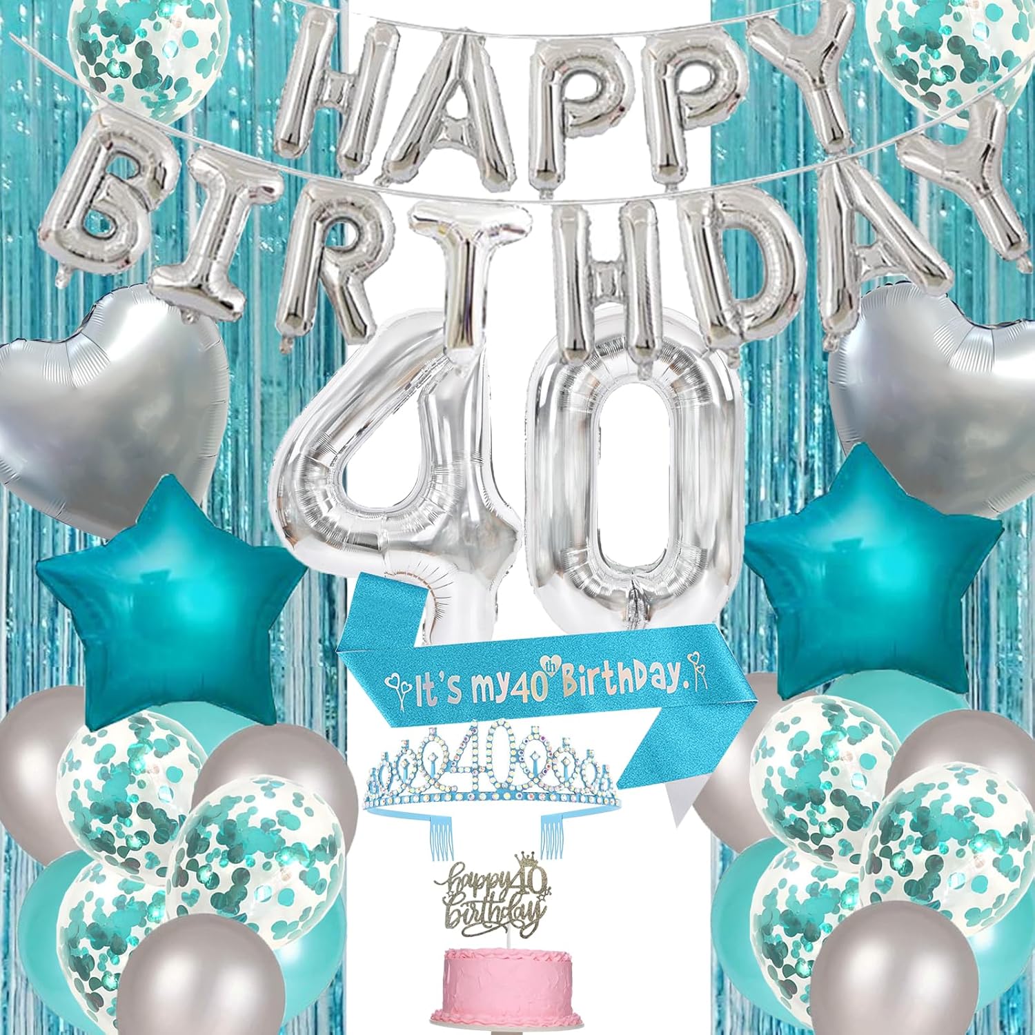 Decoraciones de cumpleaños número 40 para mujer, decoraciones de cumpleaños número 40 verde azulado y plateado, pancarta de feliz cumpleaños, banda