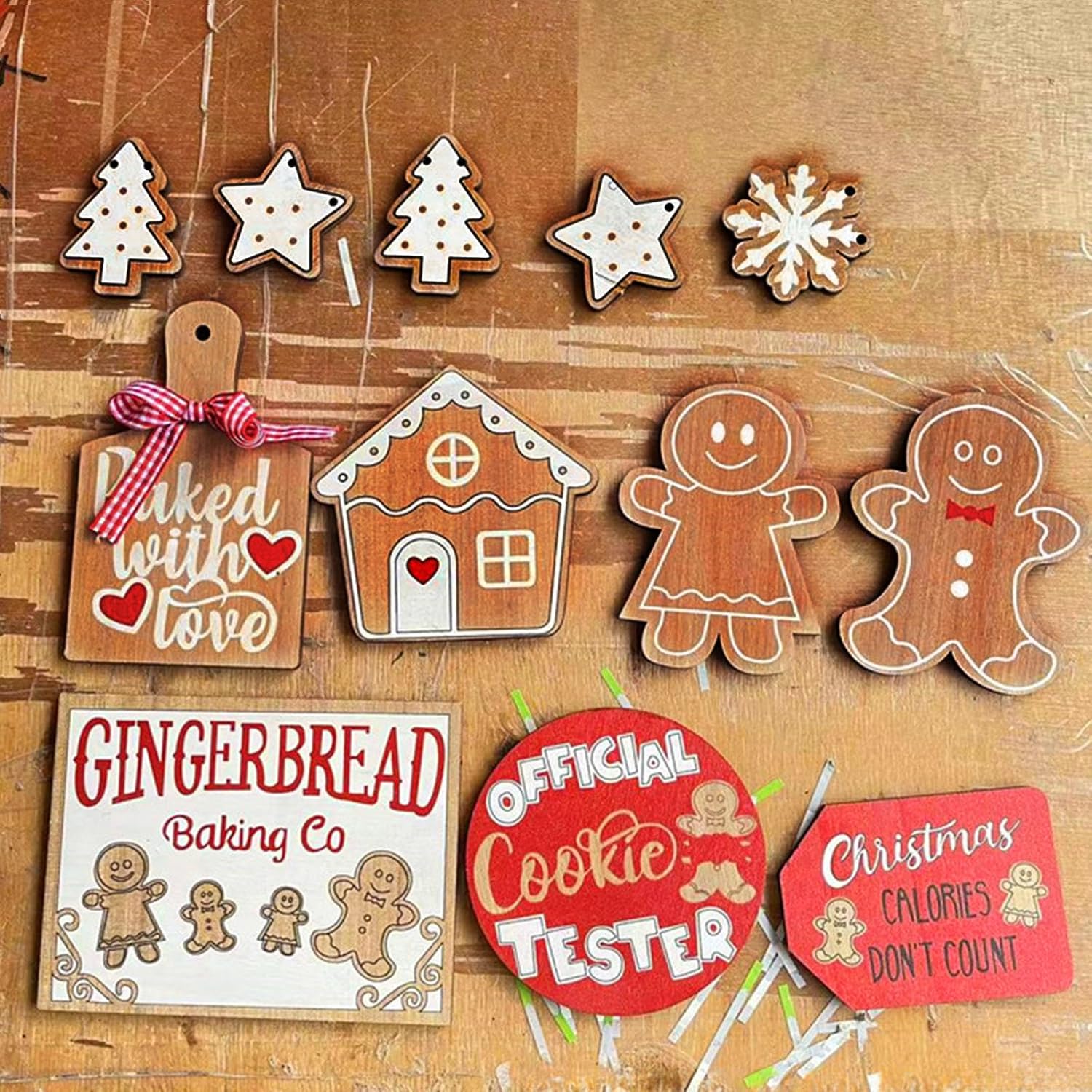 12 piezas de bandeja de Navidad escalonada, letreros de madera de mesa de pan de jengibre, decoración navideña para fiesta de Navidad, hogar, cocina