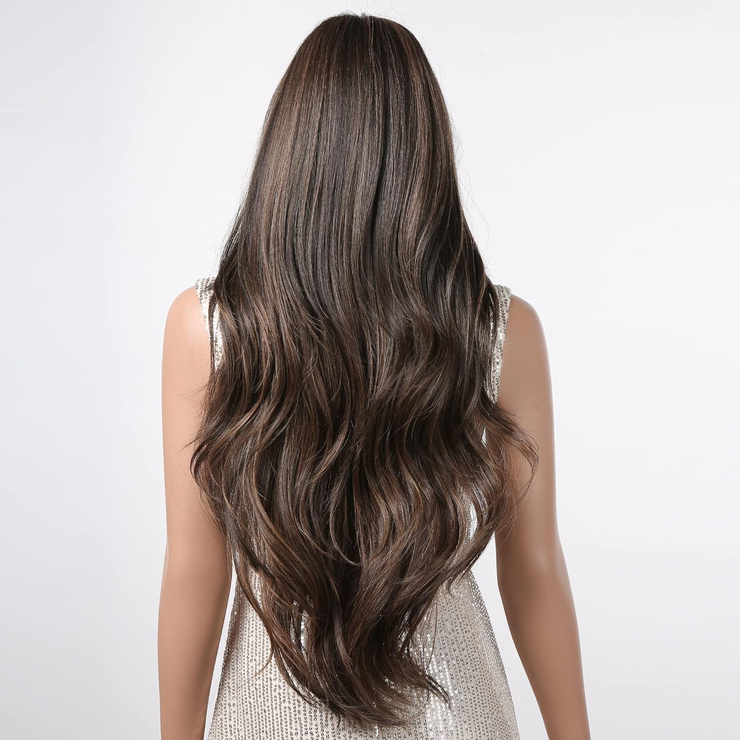 Allbell Pelucas de onda larga marrón para mujer, mezcla de cabello rubio ondulado, peluca natural, pelucas sintéticas con flequillo