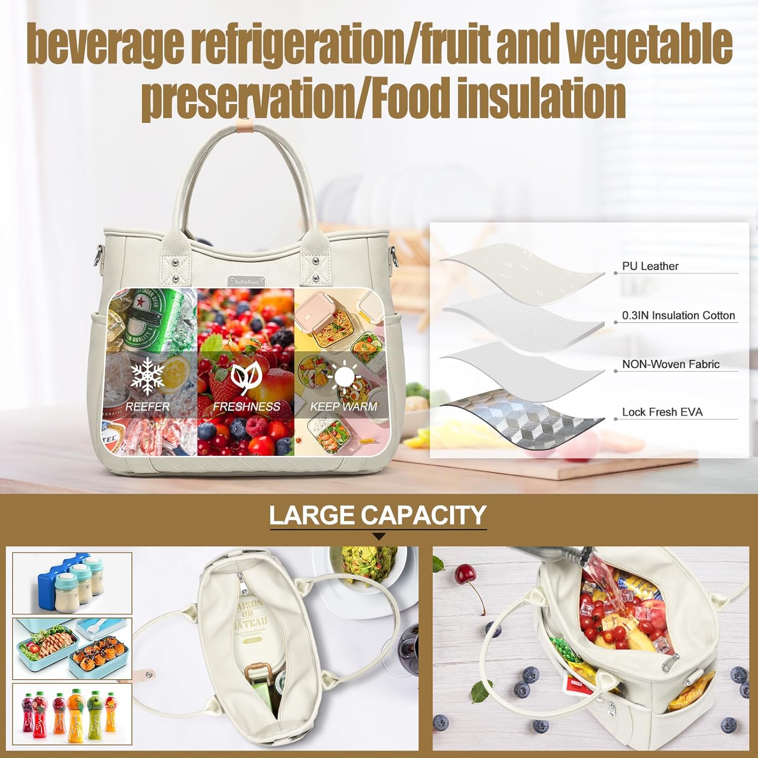 Bolsa de almuerzo para mujer, aislada, a prueba de humedad, de piel sintética, grande, a prueba de fugas, congelable, reutilizable, portátil, para