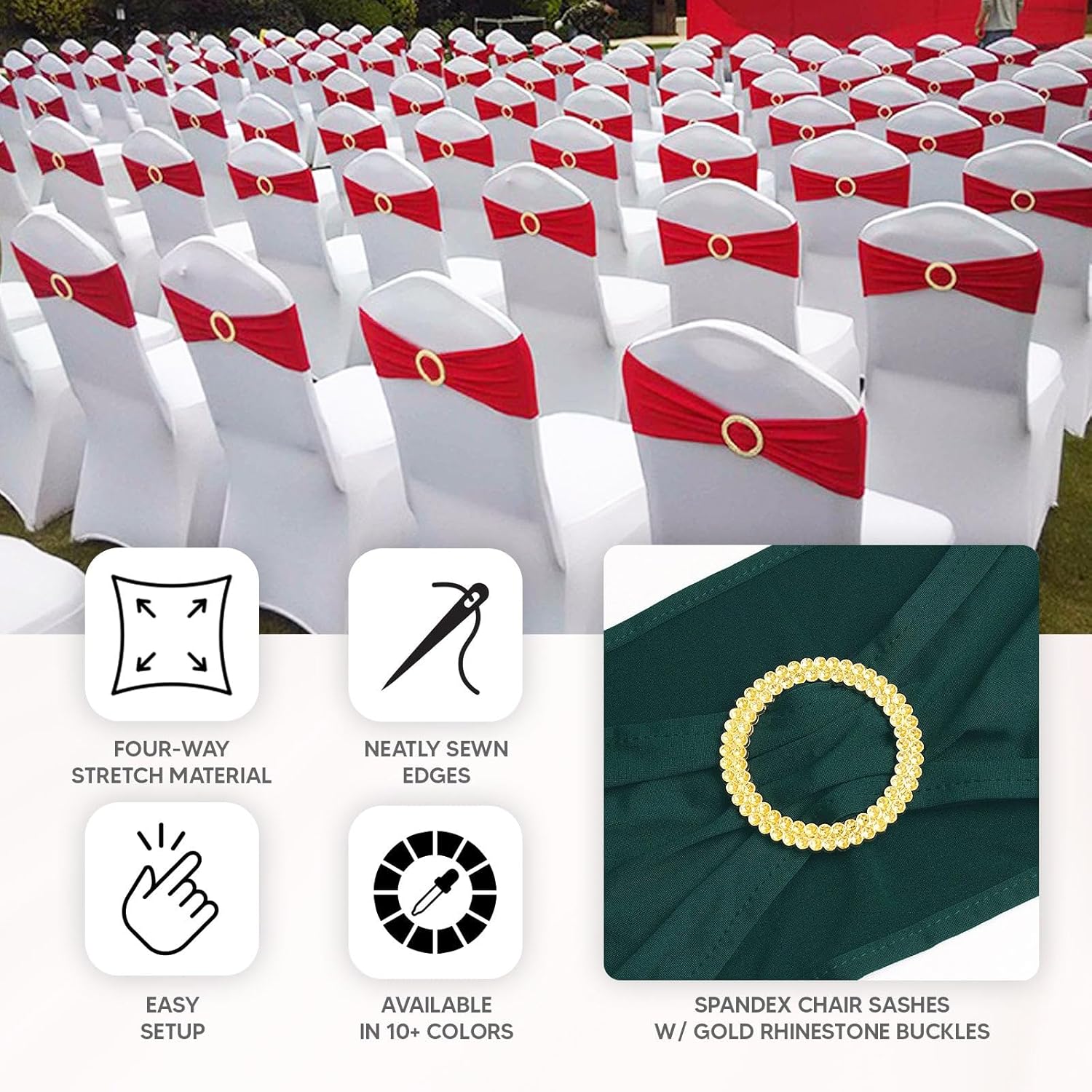 Efavormart – Paquete de 5 bandas para sillas de elastano blanco con hebillas de diamantes de imitación dorados, elegantes bandas elásticas para