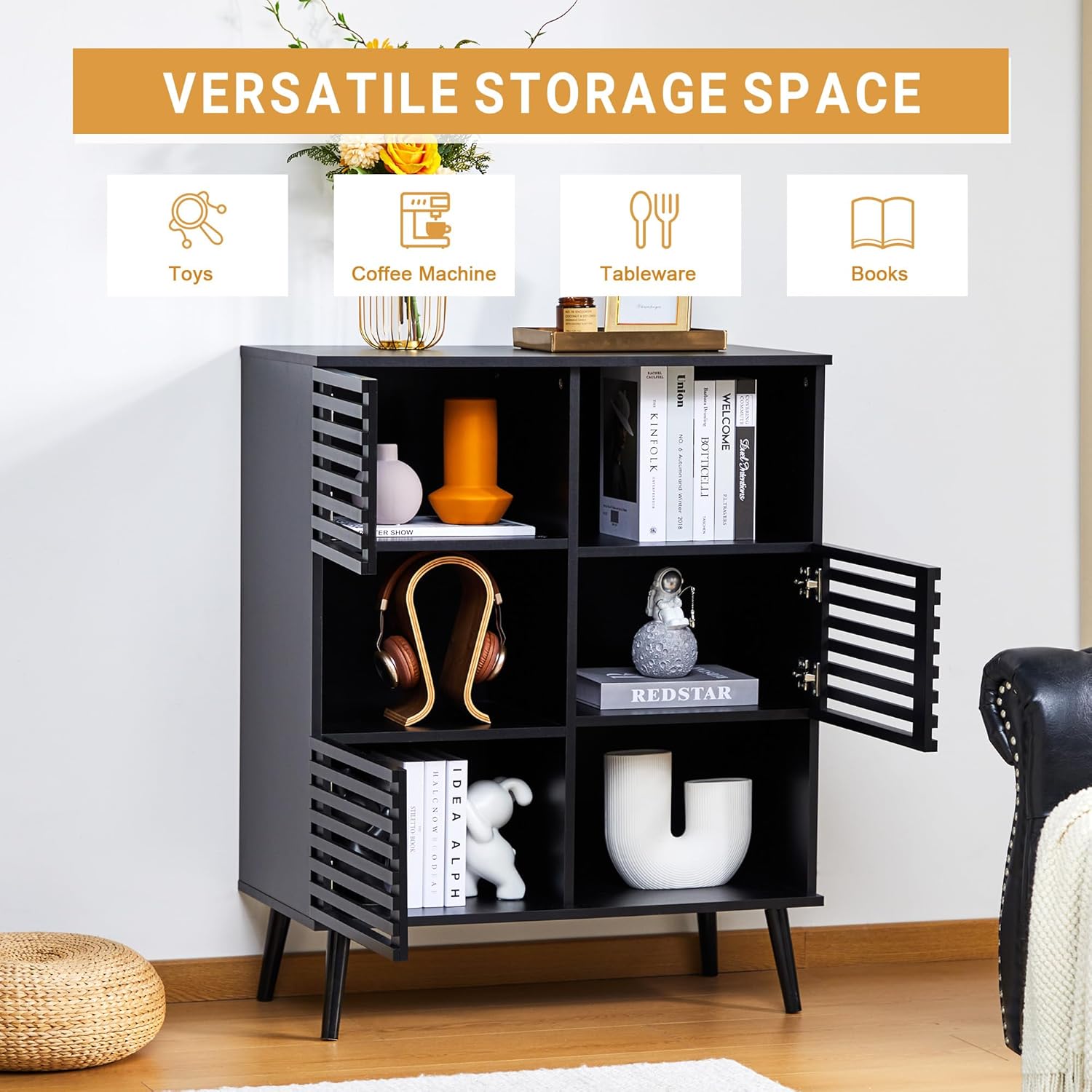 weselon Aparador de buffet, armario de almacenamiento con puertas huecas, vitrina decorativa con estantes ajustables para sala de estar, entrada,