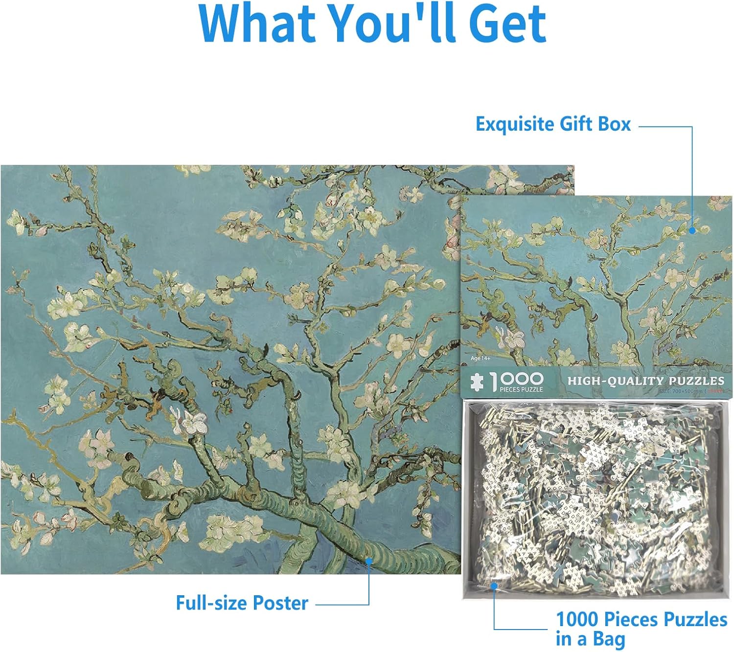 Van Gogh – Rompecabezas de 1000 piezas para adultos, diseño de flores de almendra, rompecabezas de 1000 piezas de Van Gogh para adultos, 1000 piezas