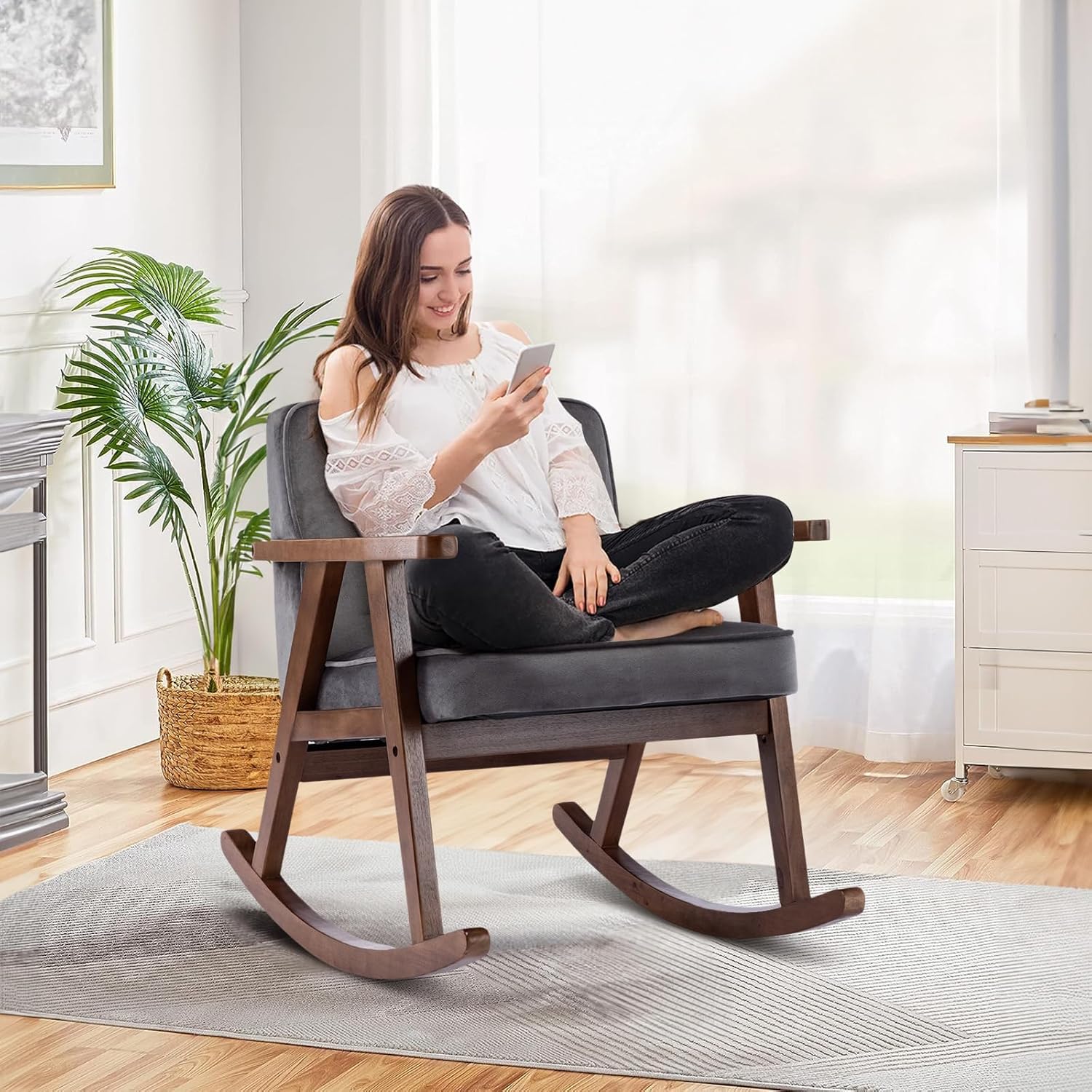 KINFFICT Mecedora tapizada, mecedora mecedora de mediados de siglo con patas de madera maciza, cómoda silla con brazo decorativo para sala de estar,