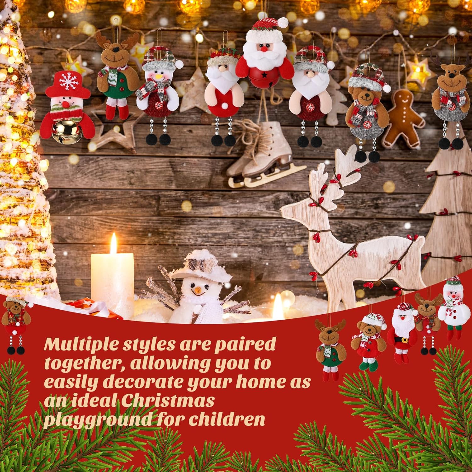 Skylety 16 piezas de decoraciones de árbol de Navidad, de peluche, oso de Papá Noel, colgantes de árbol de Navidad, alce, muñeco de nieve, campana,