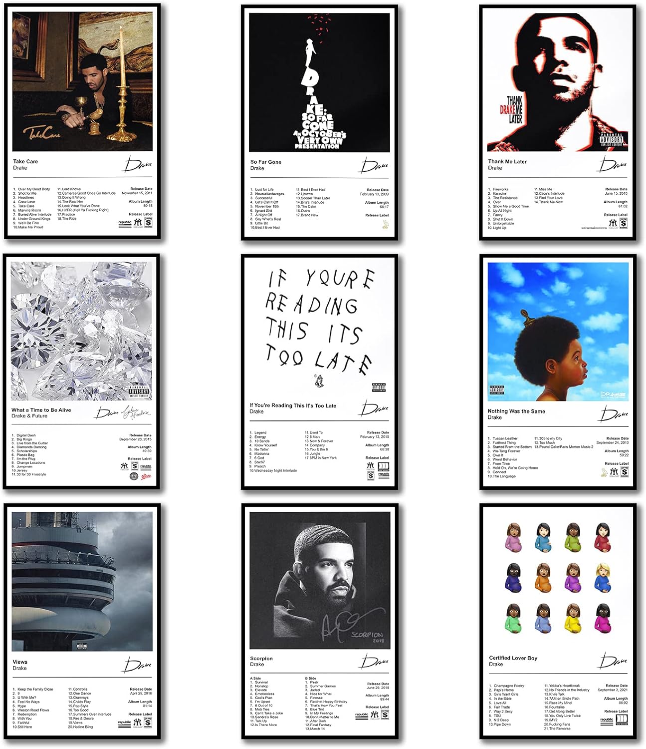 Drake – Póster de álbum de música Take Care Scorpin Views So Far Gone Thank Me Later (sin marco, 8 x 12 pulgadas, 9 unidades)