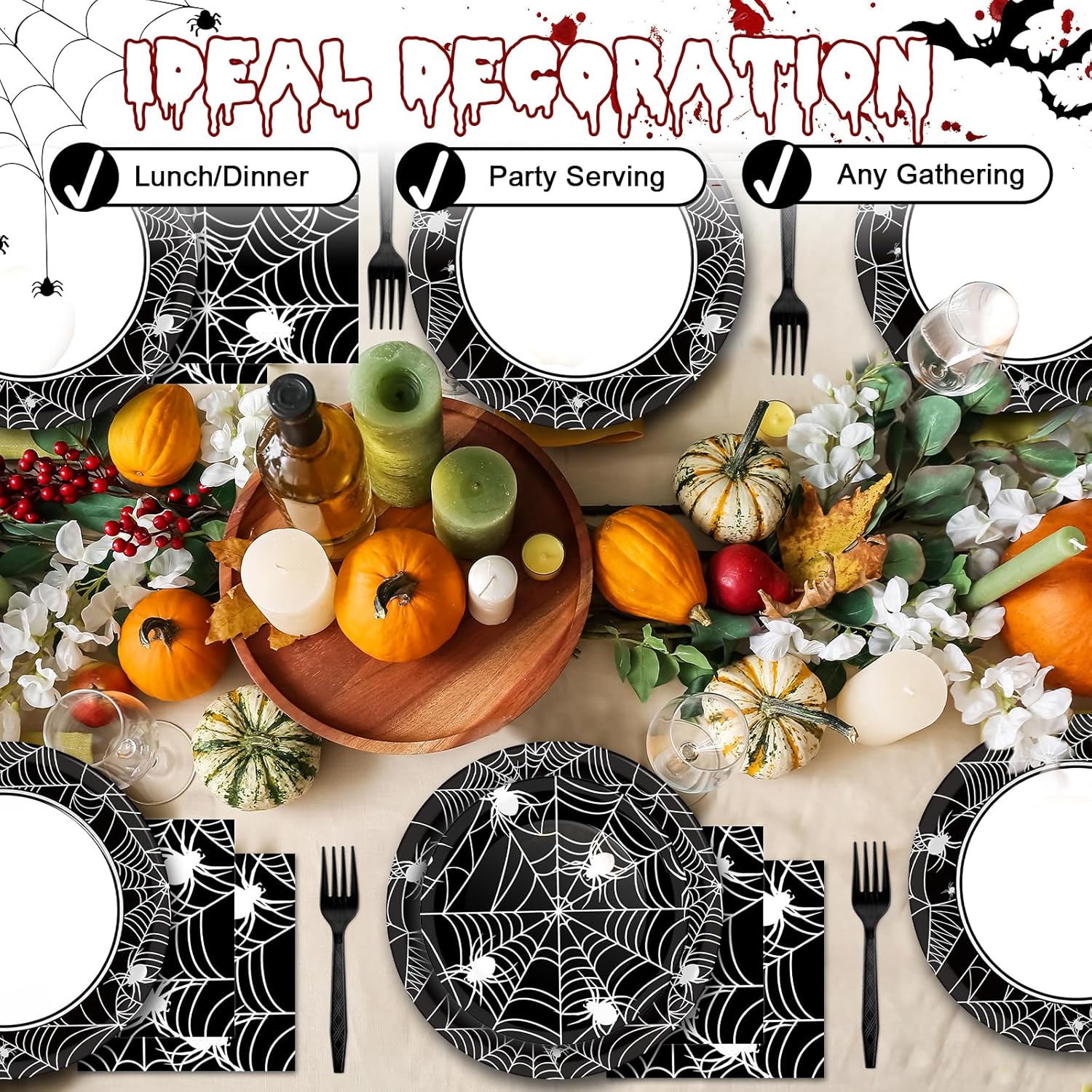 50 platos y servilletas de fiesta de telaraña de Halloween, suministros para fiesta, juego de vajilla de fiesta de telaraña, blanco y negro,