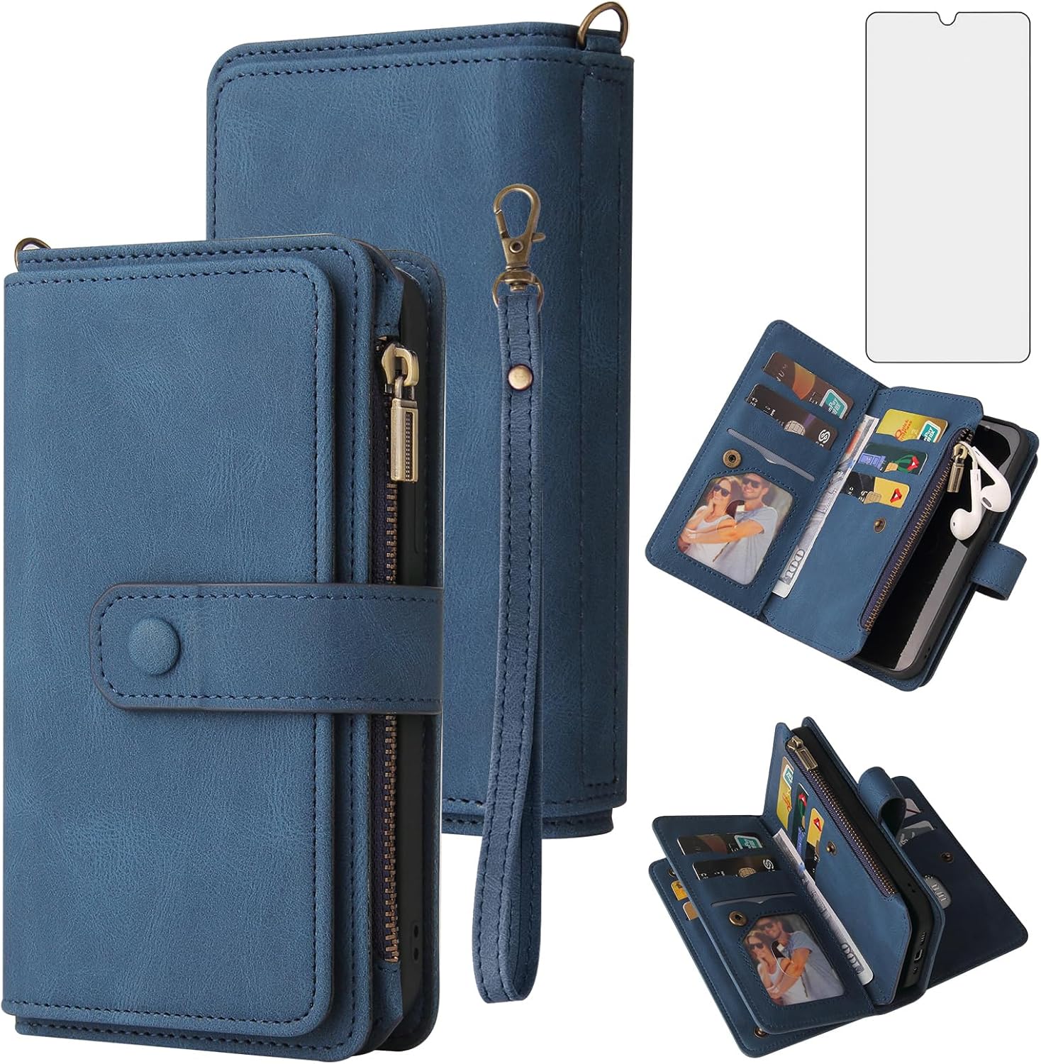 Asuwish Funda de teléfono para Samsung Galaxy A54 5G Funda tipo cartera con protector de pantalla de vidrio templado y correa de muñeca de cuero con