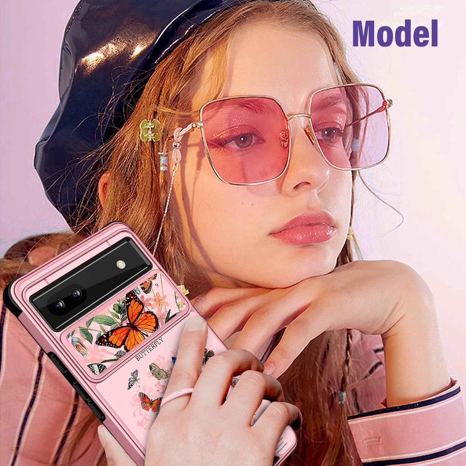 Funermei Funda 2 en 1 para Google Pixel 6A para mujeres, linda funda de mariposa para niñas, diseño único con funda para cámara y soporte de anillo
