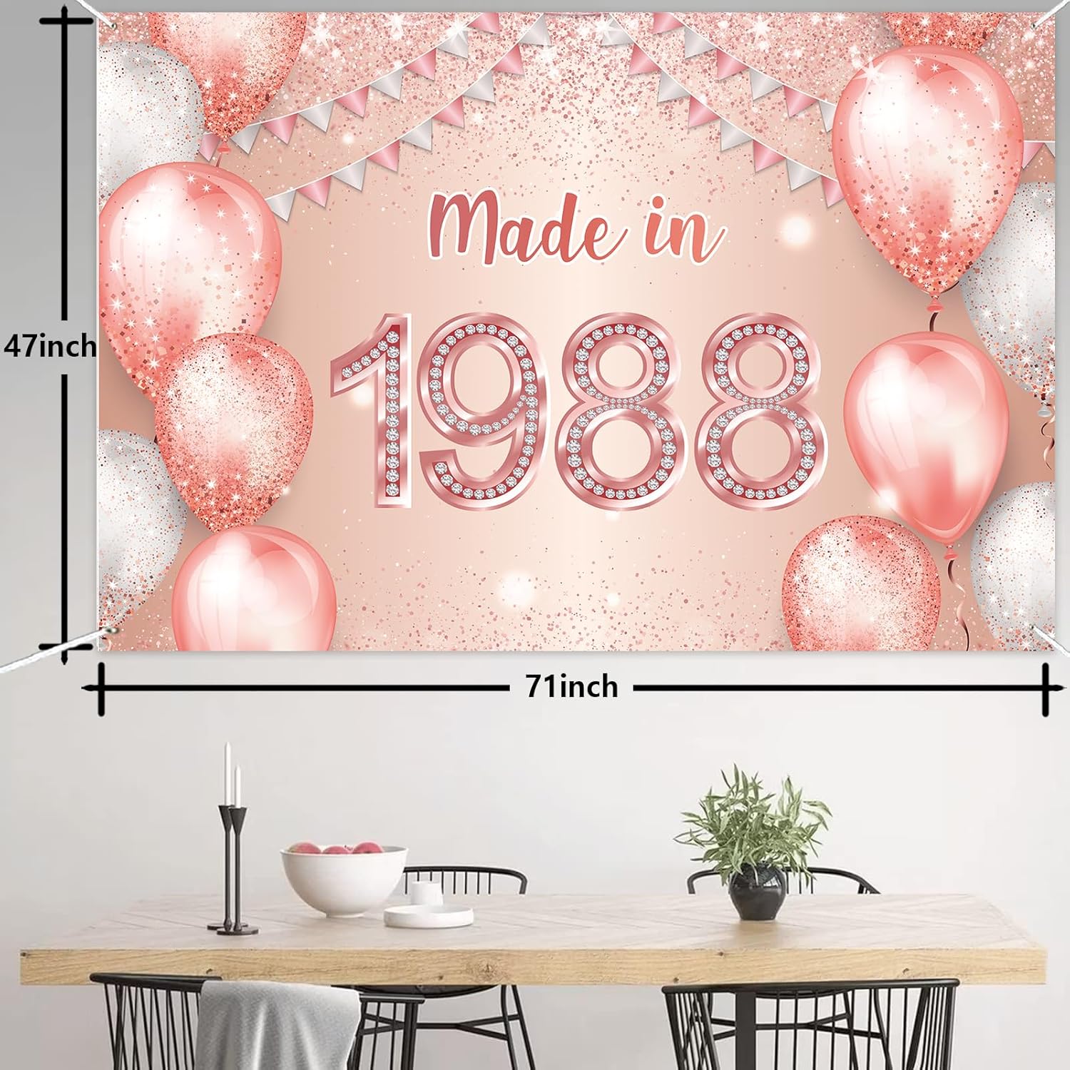 Cartel de feliz cumpleaños número 35 de oro rosa hecho en 1988, con texto en inglés “Cheers to 35 años”, telón de fondo de globo, confeti,