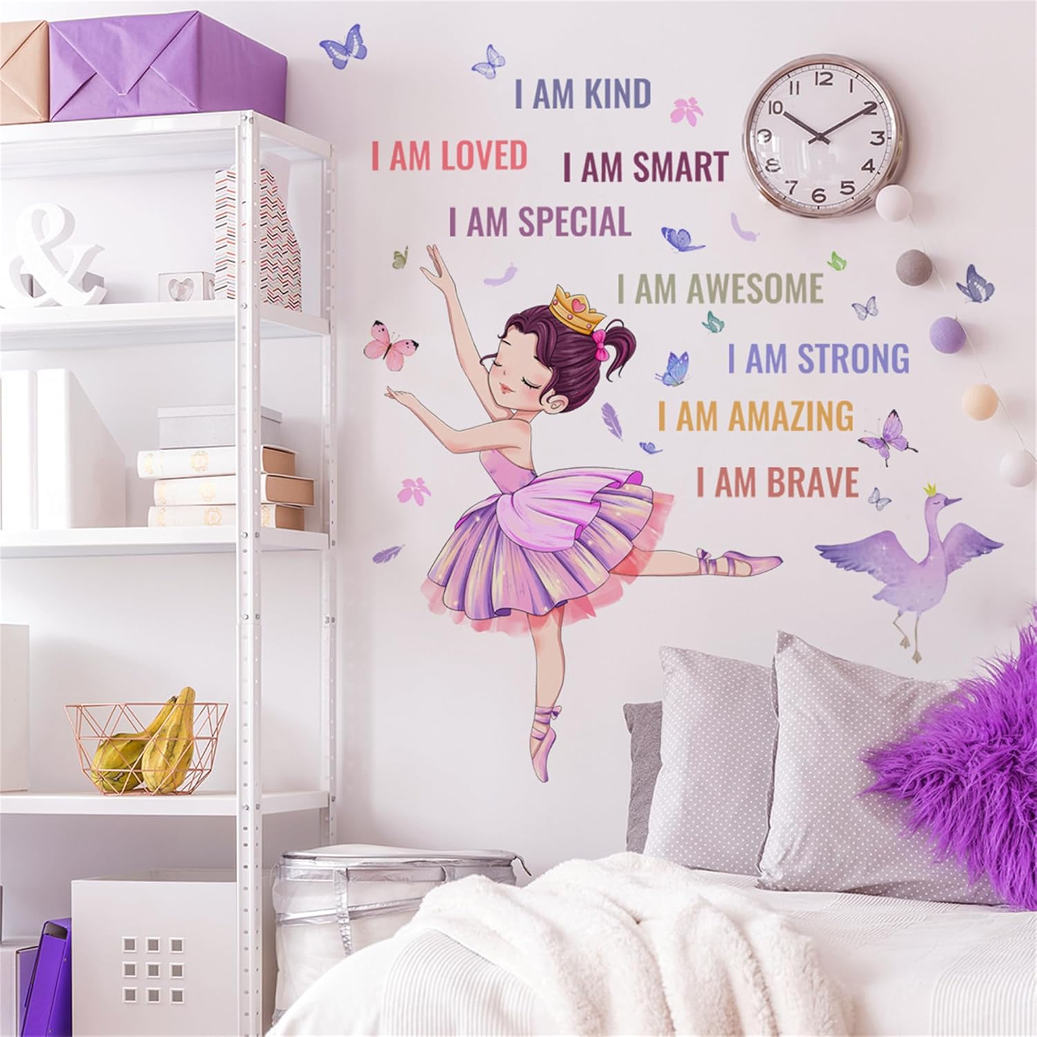 Preciosa calcomanía de pared para niña de ballet, calcomanías de pared de princesa con texto positivo diciendo que eres hermosa niña, decoración de