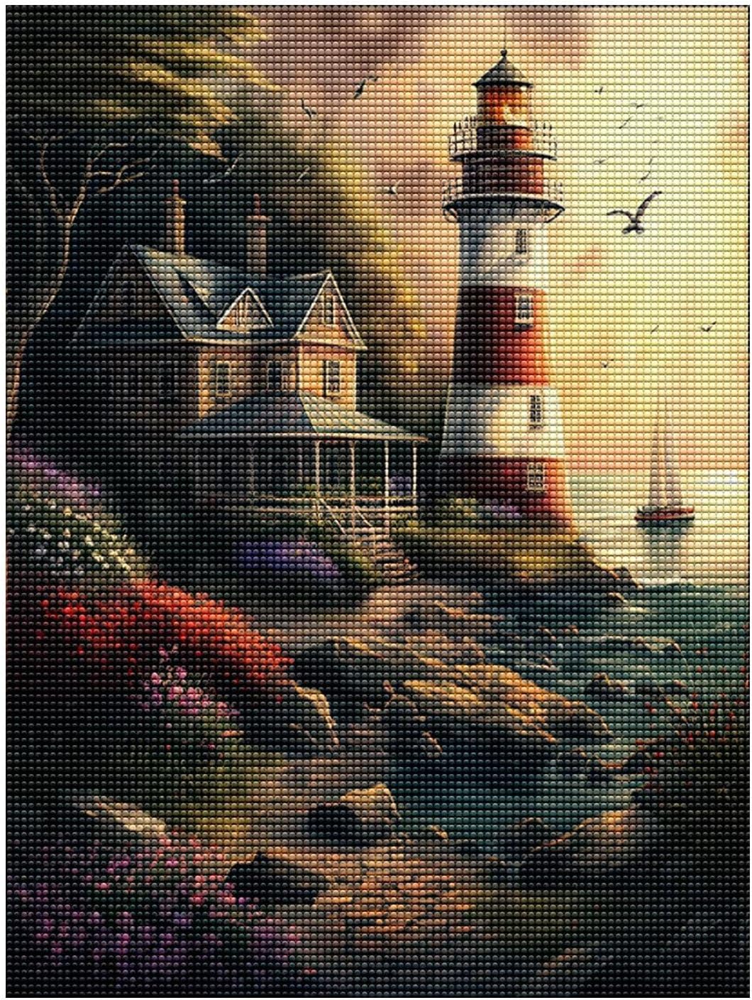 Juego de pintura de diamantes, pintura de una pequeña casa de madera, juego de arte Lighthousediamond, punto de cruz, bordado brillante de diamante,