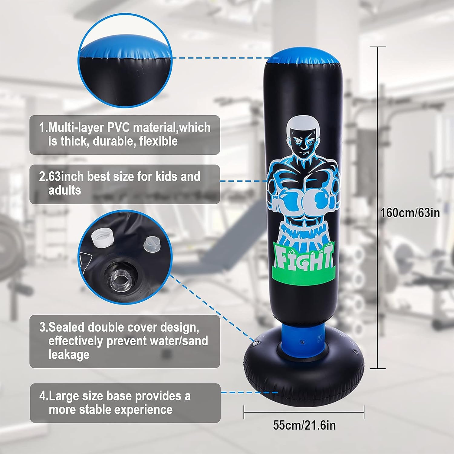 HealSmart Saco de boxeo inflable para niños con soporte de 63 pulgadas con soporte independiente con rebote trasero alto de 63 pulgadas para