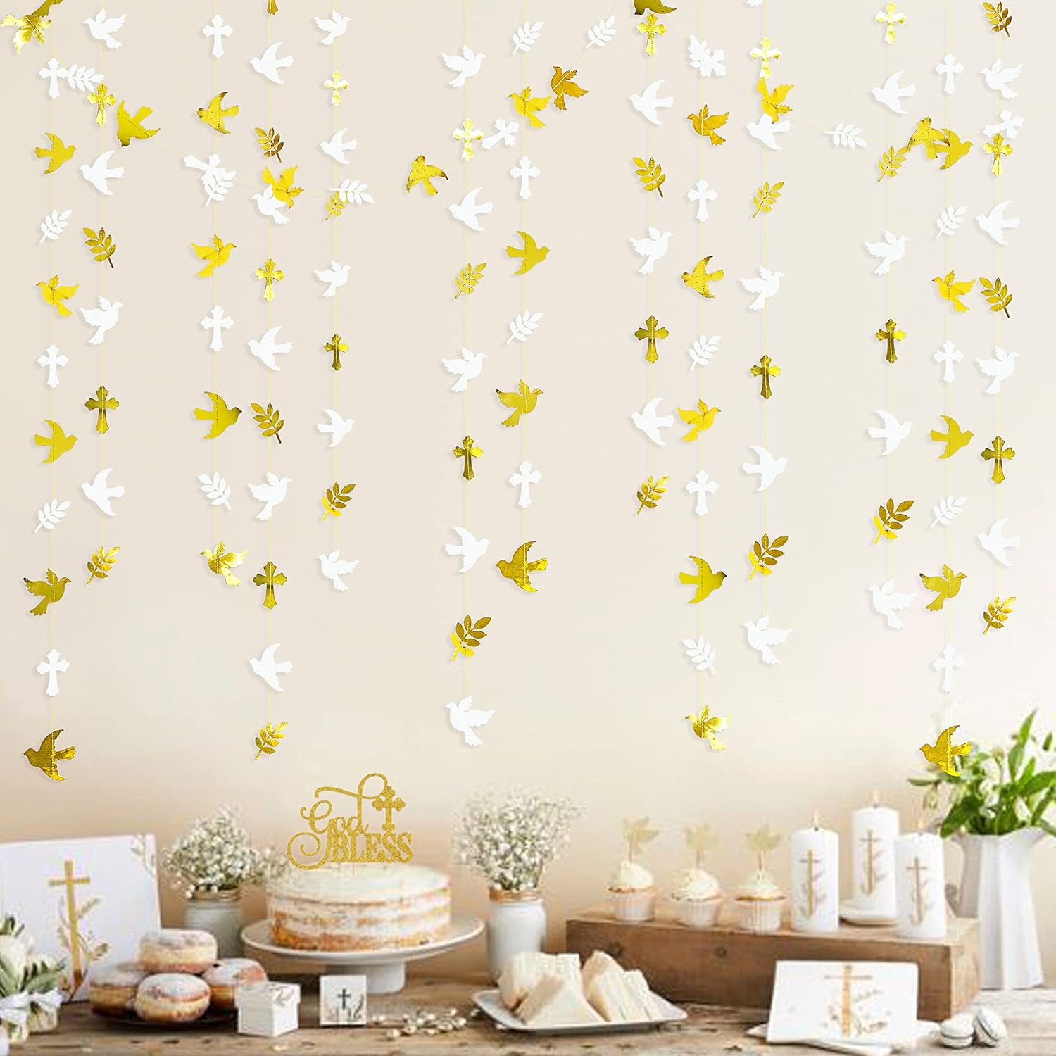Guirnalda de papel de cruz de hojas de olivo doradas y blancas de 40 pies para primavera, boda, baby shower, cumpleaños, compromiso, primera