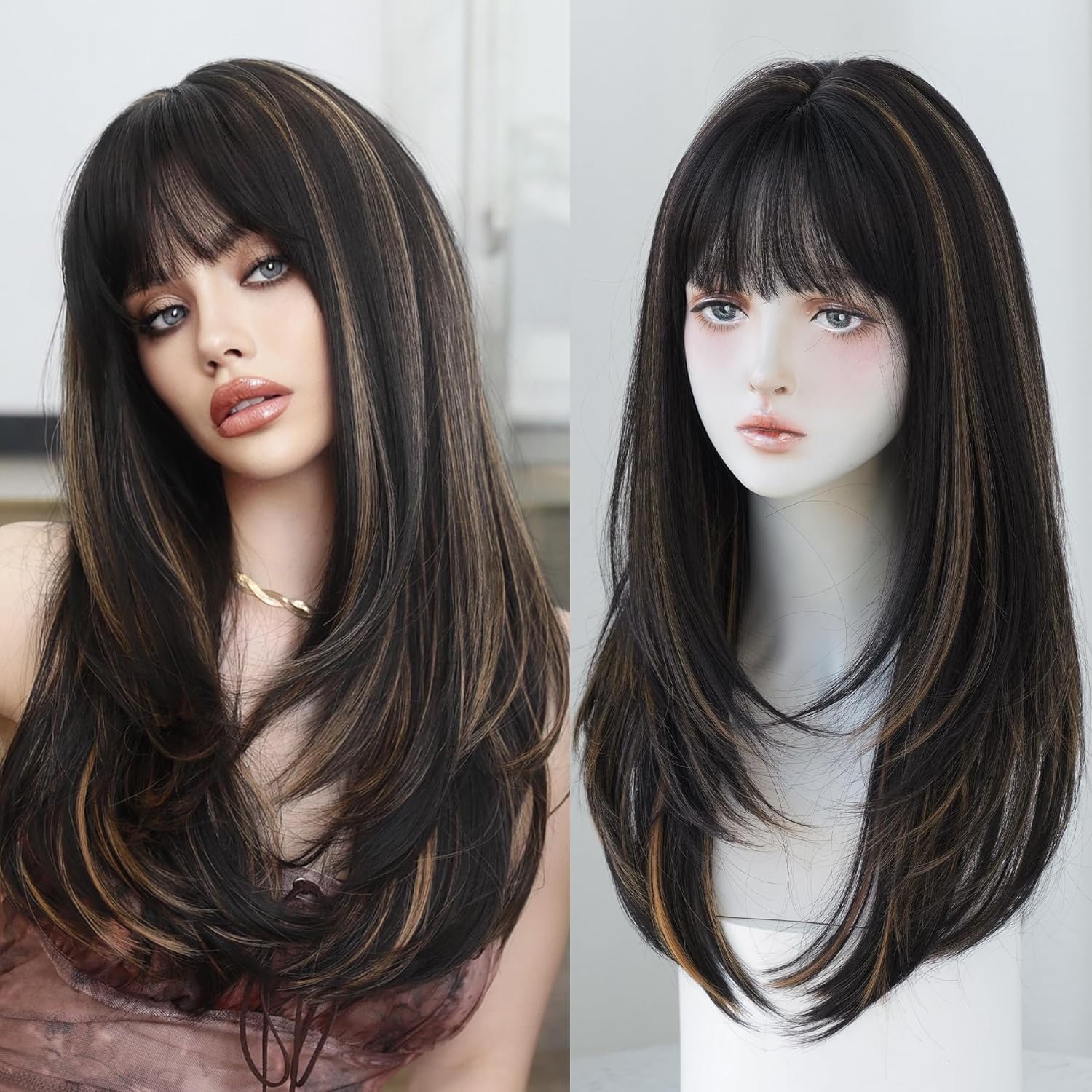7JHH WIGS Peluca de 26 pulgadas de largo y lacio con flequillo, resistente al calor, peluca negra con reflejos rubios que hacen que las mujeres