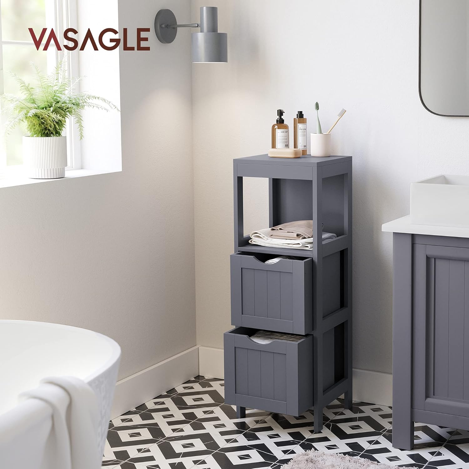 VASAGLE Gabinete de piso de baño, organizador de almacenamiento de baño, unidad de esquina multifuncional, 2 cajones, gris UBBC042G01