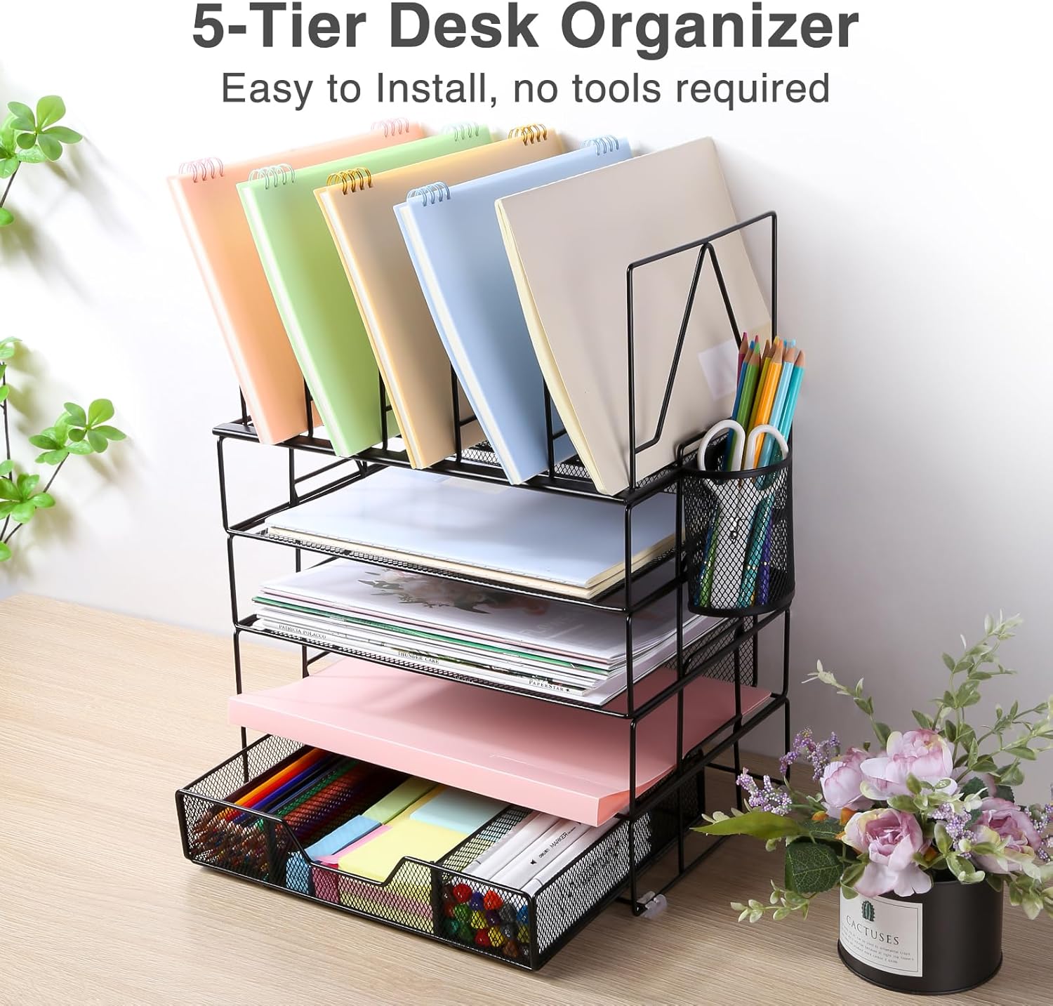 Housmile Organizadores y accesorios de escritorio, organizador de escritorio de 5 niveles con clasificadores de archivos, bandeja de papel, cajón y
