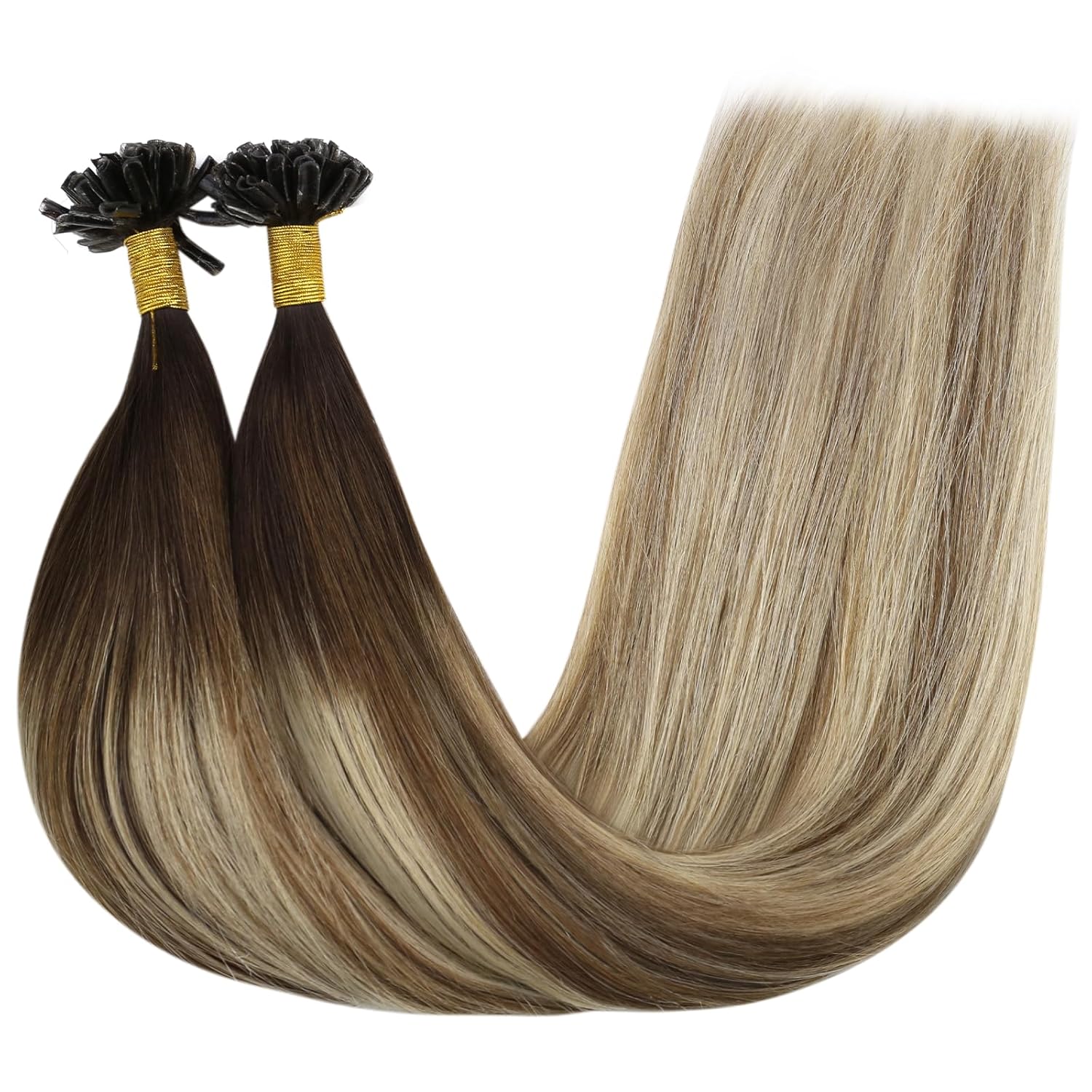 YoungSee Extensiones de cabello balayage con puntas en U, color marrón oscuro, ombré, marrón claro y rubio claro, balayage, con punta en U,