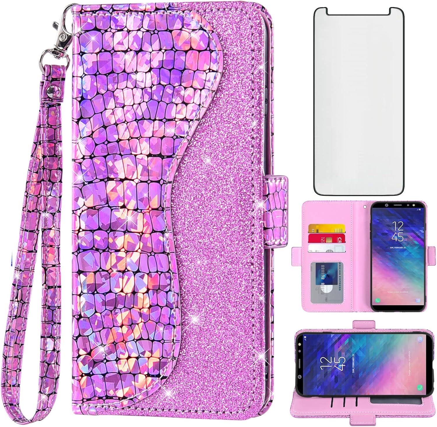 Asuwish Funda de teléfono para Samsung Galaxy A6 con protector de pantalla de vidrio templado y correa para la muñeca, tarjetero con purpurina
