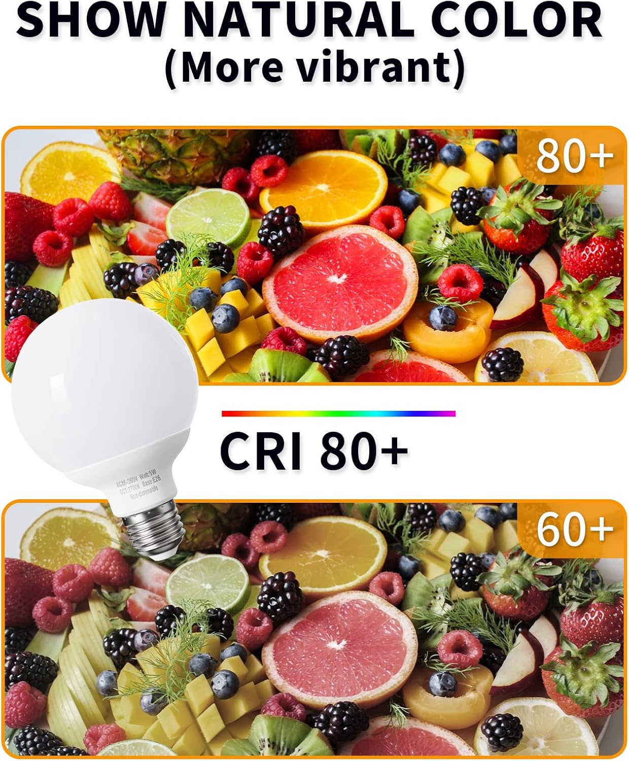 Paquete de 8 bombillas LED de color blanco cálido para baño, 120 V 60 vatios equivalentes, base mediana E26, bombillas redondas de tocador,