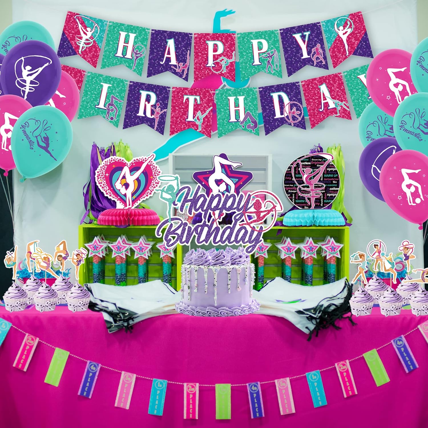 Decoraciones de fiesta de cumpleaños de gimnasia, conjunto de suministros para fiesta de gimnasia con pancarta de cumpleaños, centro de mesa,