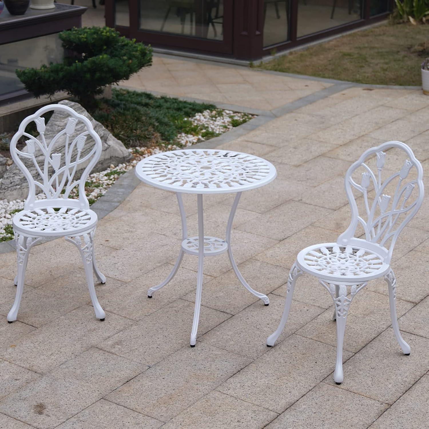 KAI LI Juego de 3 piezas de muebles de patio de aluminio fundido para patio, jardín al aire libre, mesas y sillas a prueba de óxido, juego de bisrto