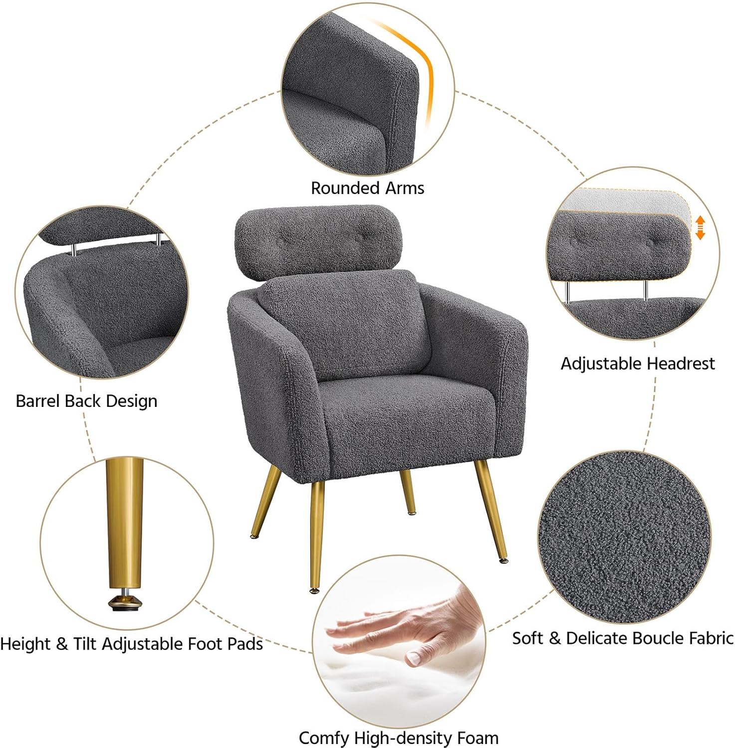Yaheetech Silla decorativa, acogedora silla de sala de estar con reposacabezas ajustable, silla de tocador Boucle con almohada lumbar y patas