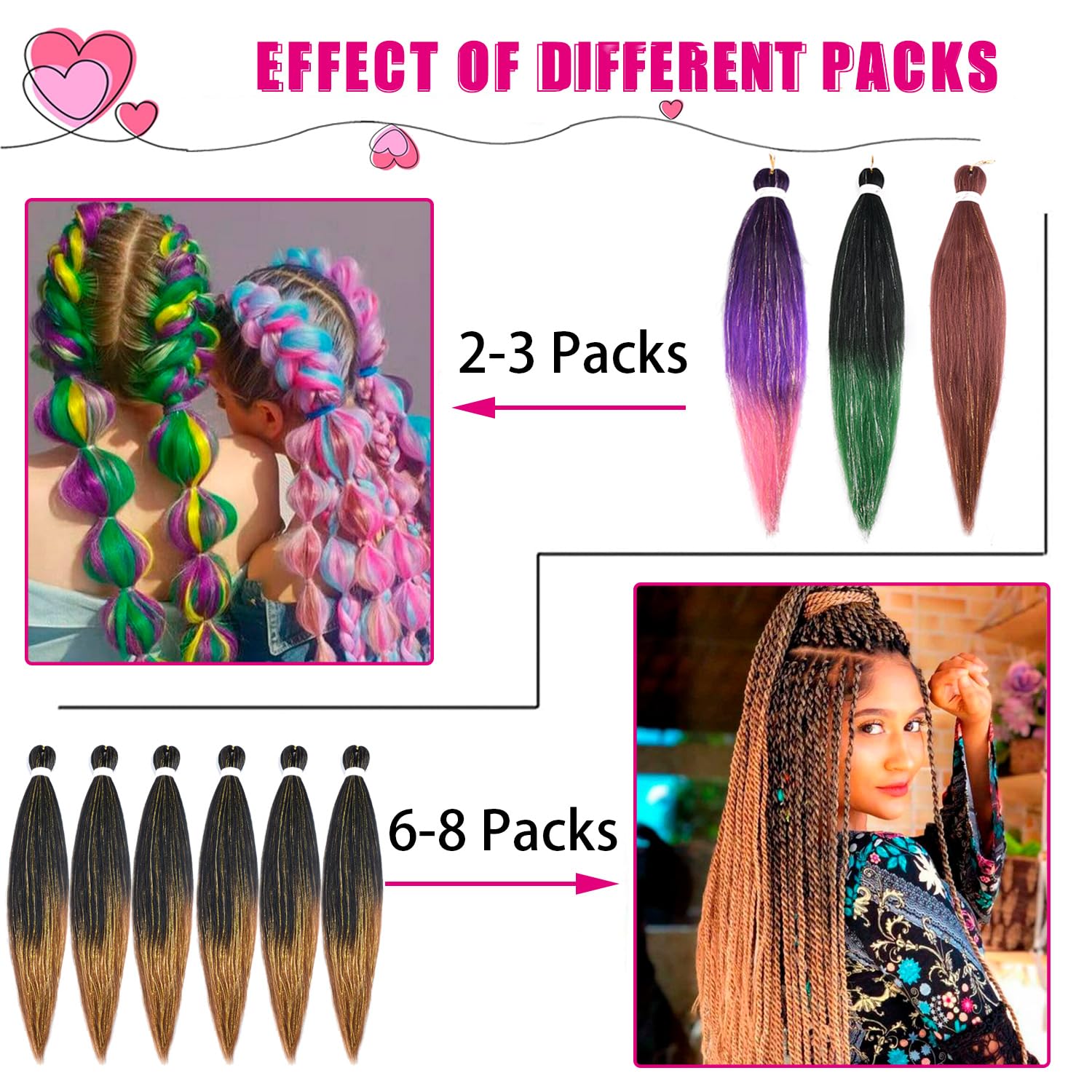 Extensiones de cabello trenzado preestirado de 26 pulgadas dentro de extensiones de cabello de oropel brillante, 3 paquetes de textura suave Yaki