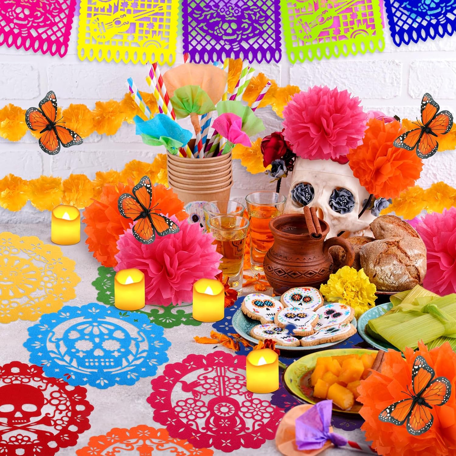46 piezas de decoración Día de los Muertos Día de los Muertos incluye 4 guirnaldas de caléndula 12 velas sin llama, 2 piezas de pancarta mexicana,