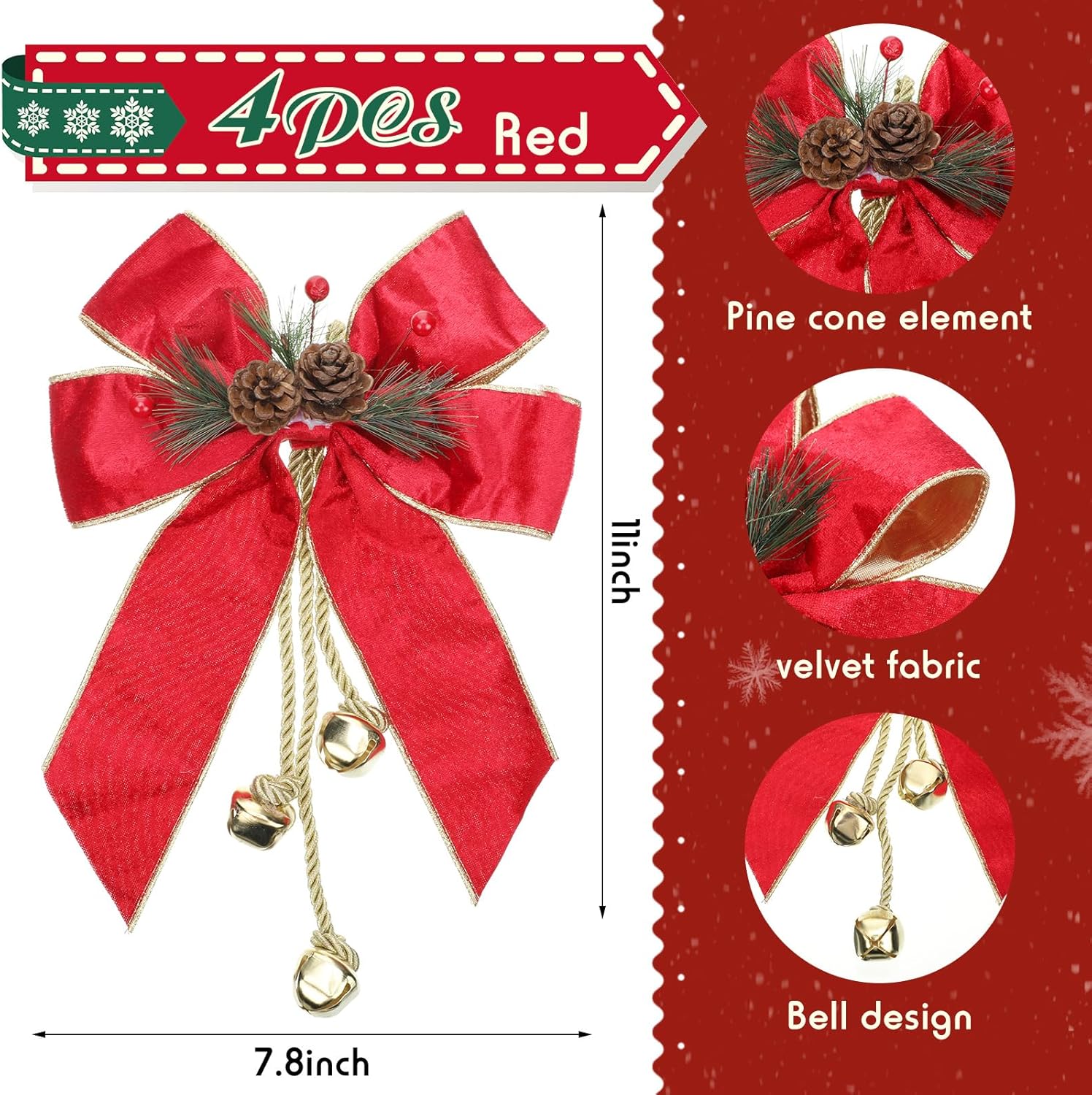 Yinkin 4 lazos de corona de Navidad con cascabeles de 11 x 7.8 pulgadas, lazo de terciopelo con cono de pino, adornos colgantes para el hogar,
