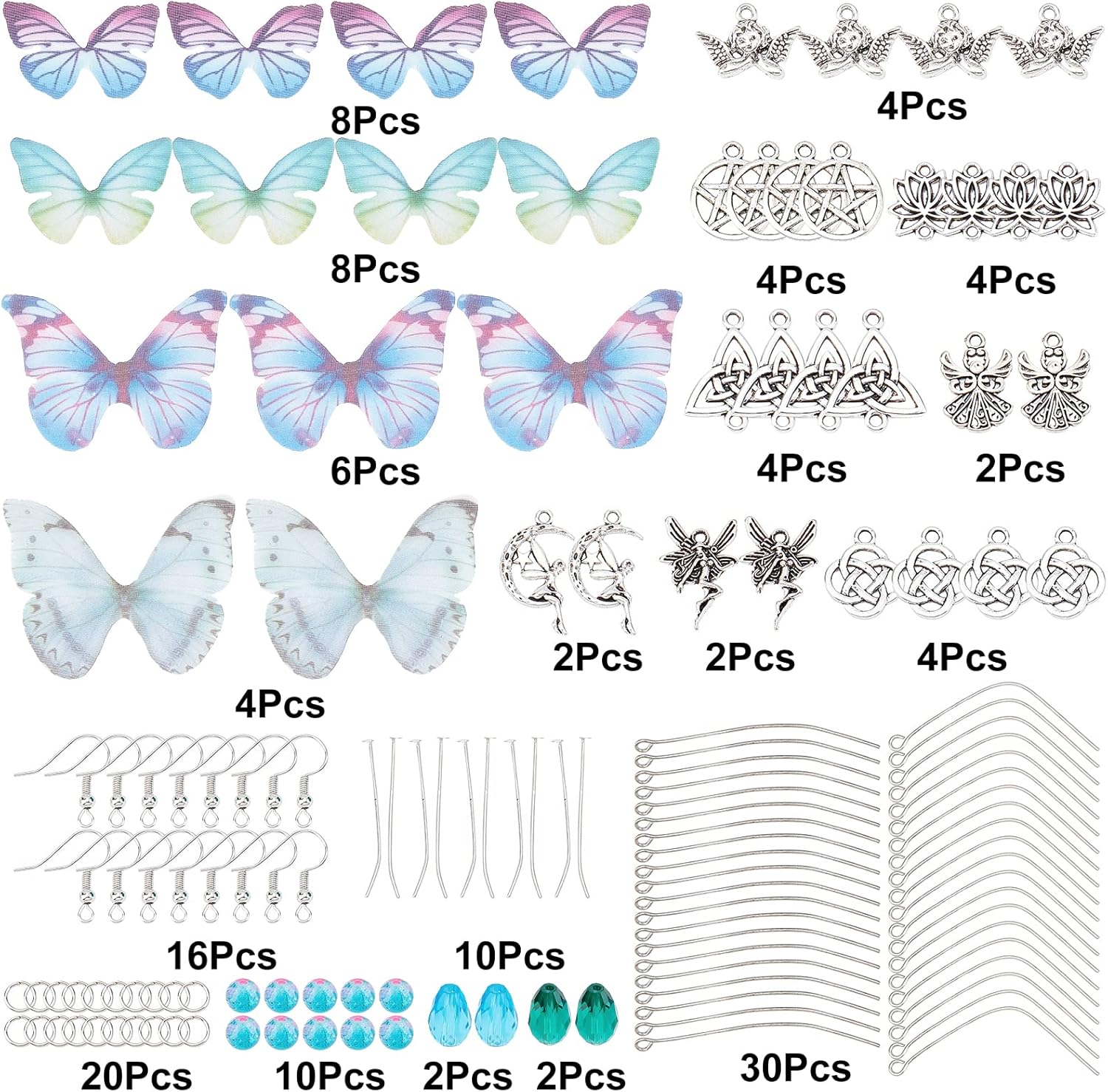 SUNNYCLUE 1 caja DIY 8 pares de aretes de ala de mariposa kits de fabricación de nudos de loto, dijes de resina epoxi de mariposa y cuentas de