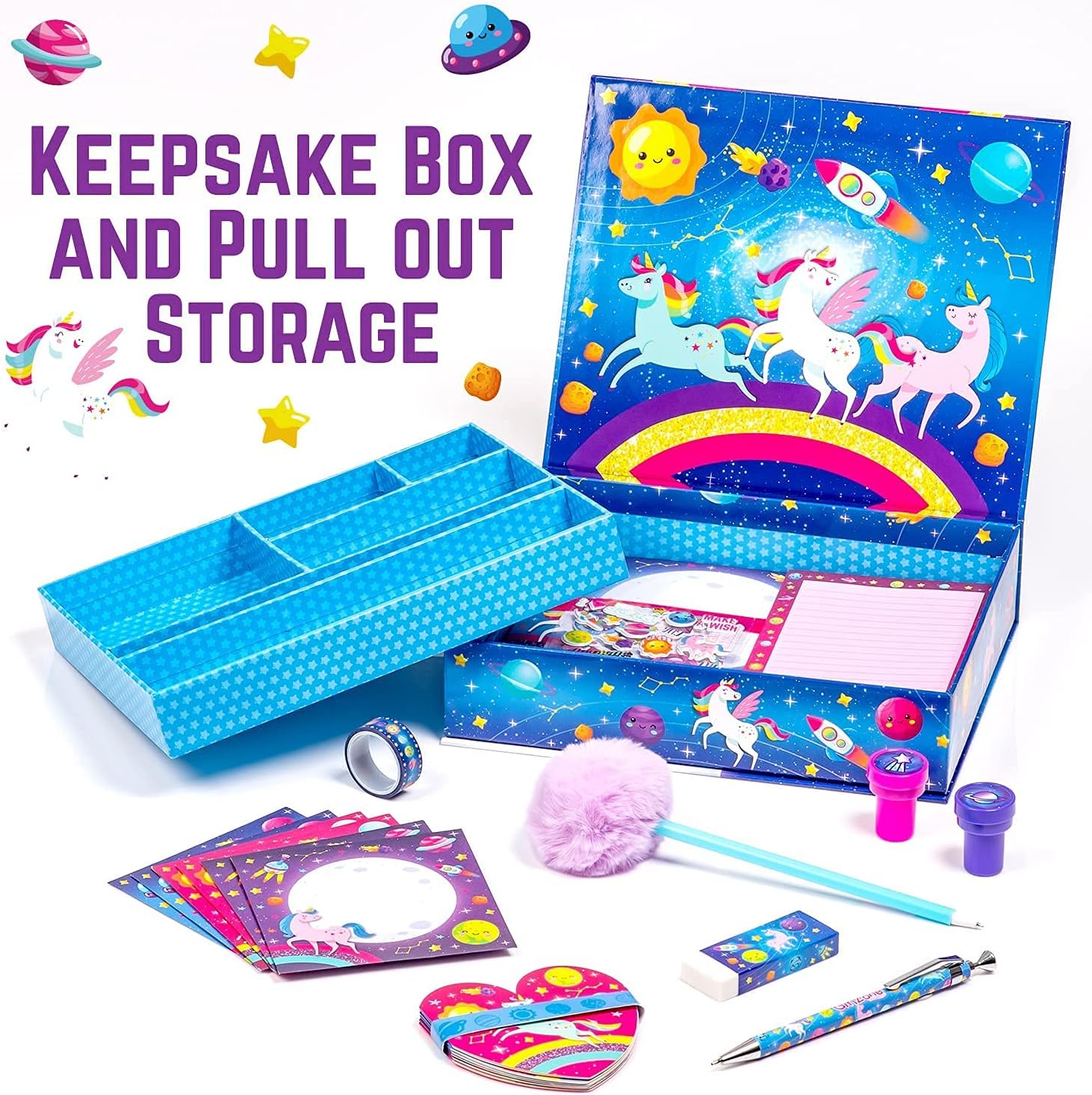 GirlZone Unicorn Cosmic Galaxy – Juego de escritura para niñas, kit de escritura de letras de 45 piezas para niñas creativas, regalo mágico de