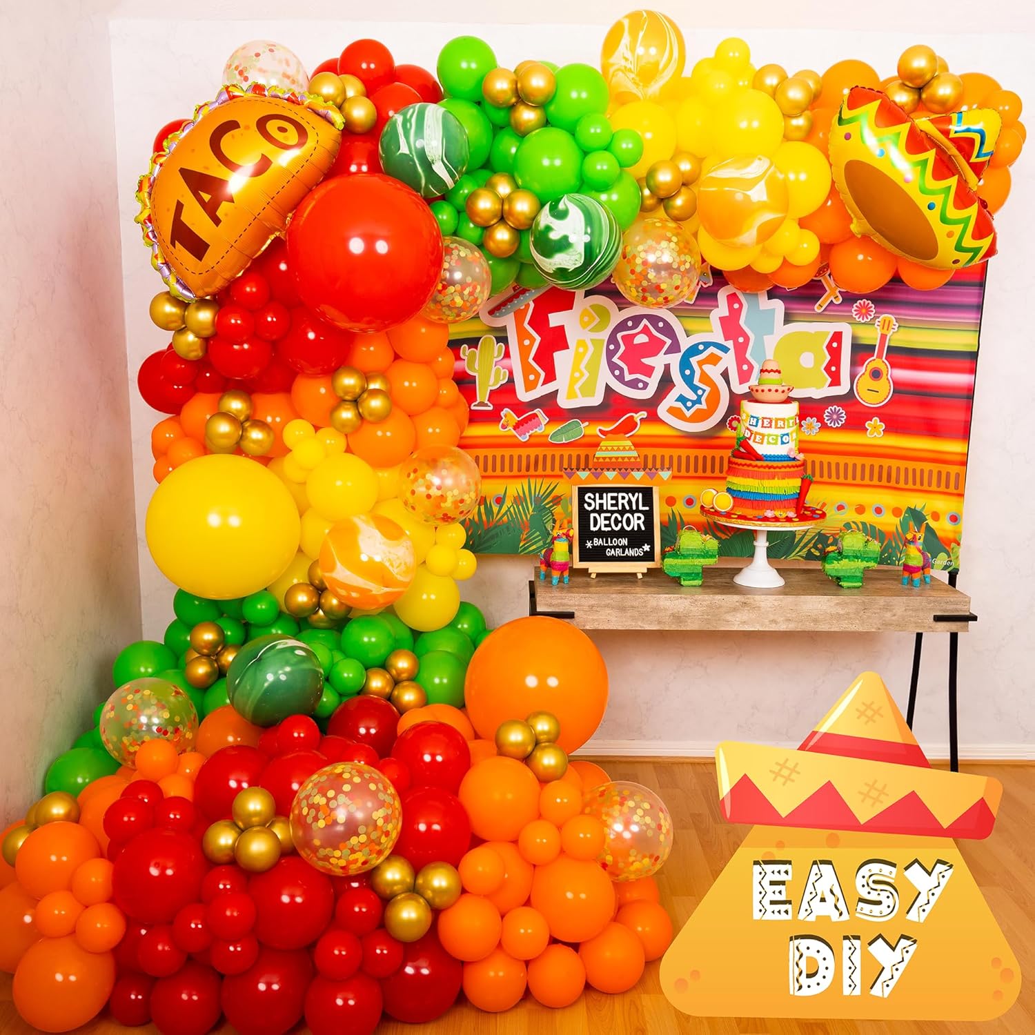 Kit de arco de globos de fiesta mexicana todo en 1 y guirnalda con tacos adicionales, globos de fiesta pequeños y grandes, rojo, amarillo, naranja,