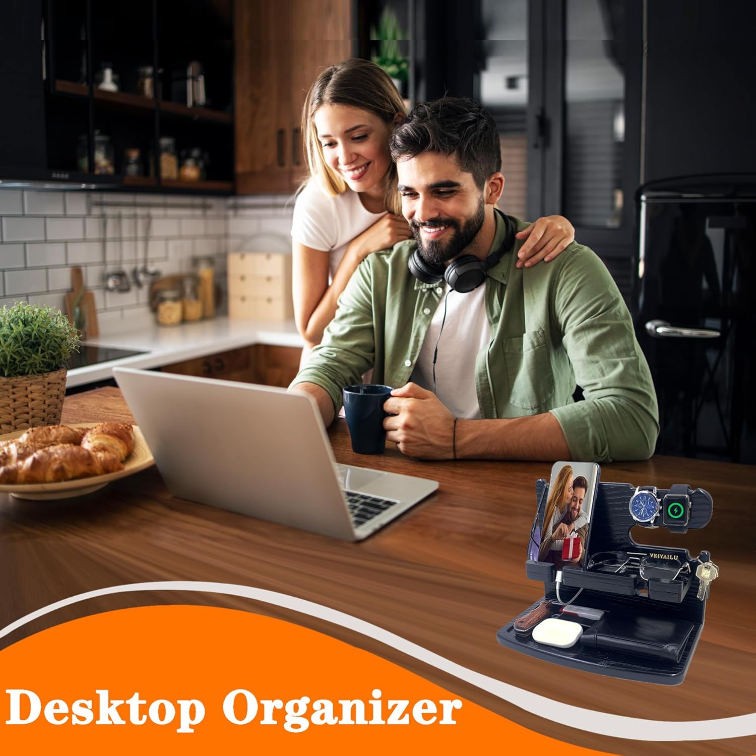 Regalos para hombres, papá, mujer, marido, novio, mesita de noche, organizador para hombres, estación de acoplamiento de madera para teléfono, ideas