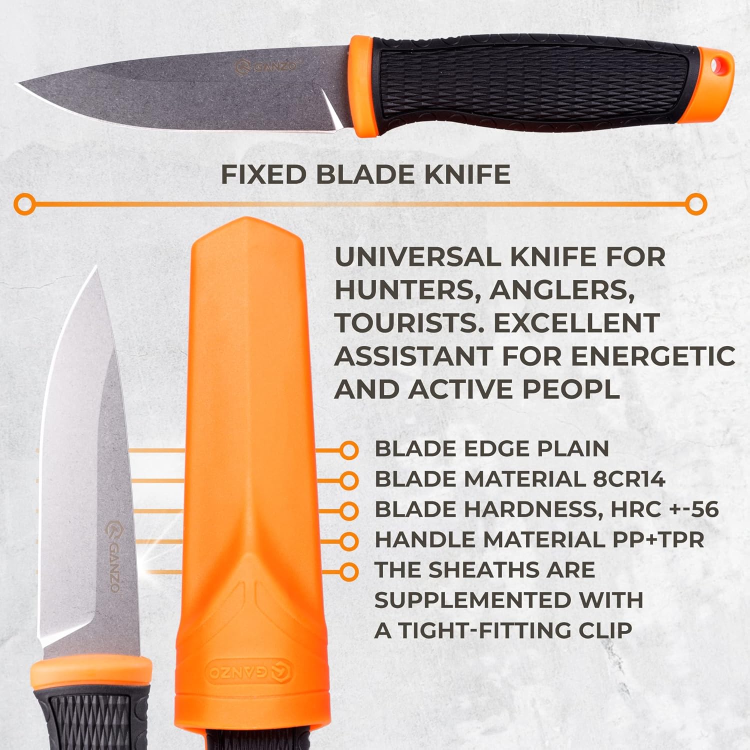 Ganzo G806-OR Cuchillo de hoja fija 8CR14 Hoja de acero inoxidable Mango ergonómico antideslizante Camping Caza Pesca al aire libre EDC Cuchillo con