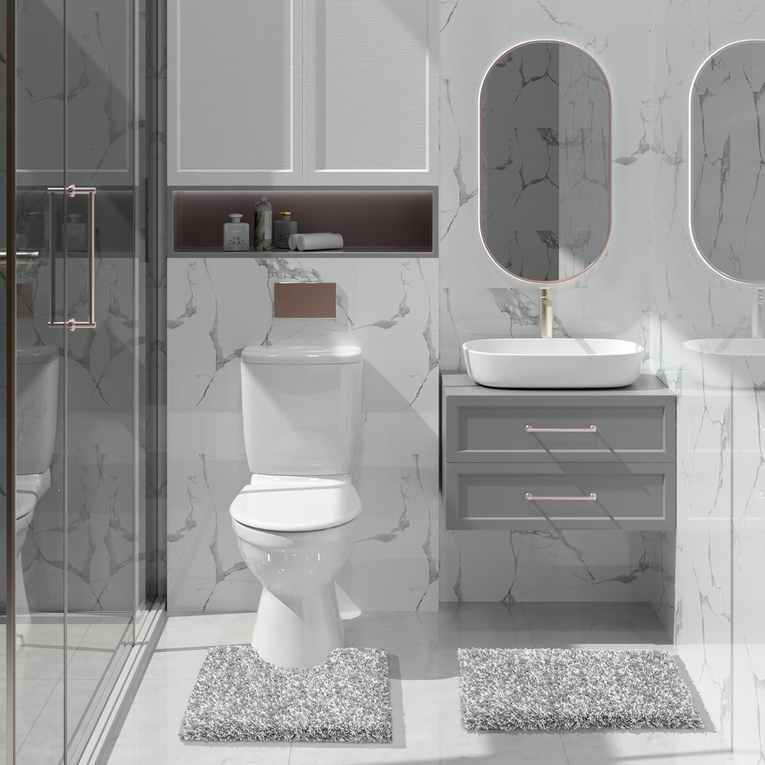 Yimobra Juego de 2 alfombras de baño esponjosas con forma de U, alfombra de baño suave y antideslizante, alfombra de ducha de felpa gruesa,