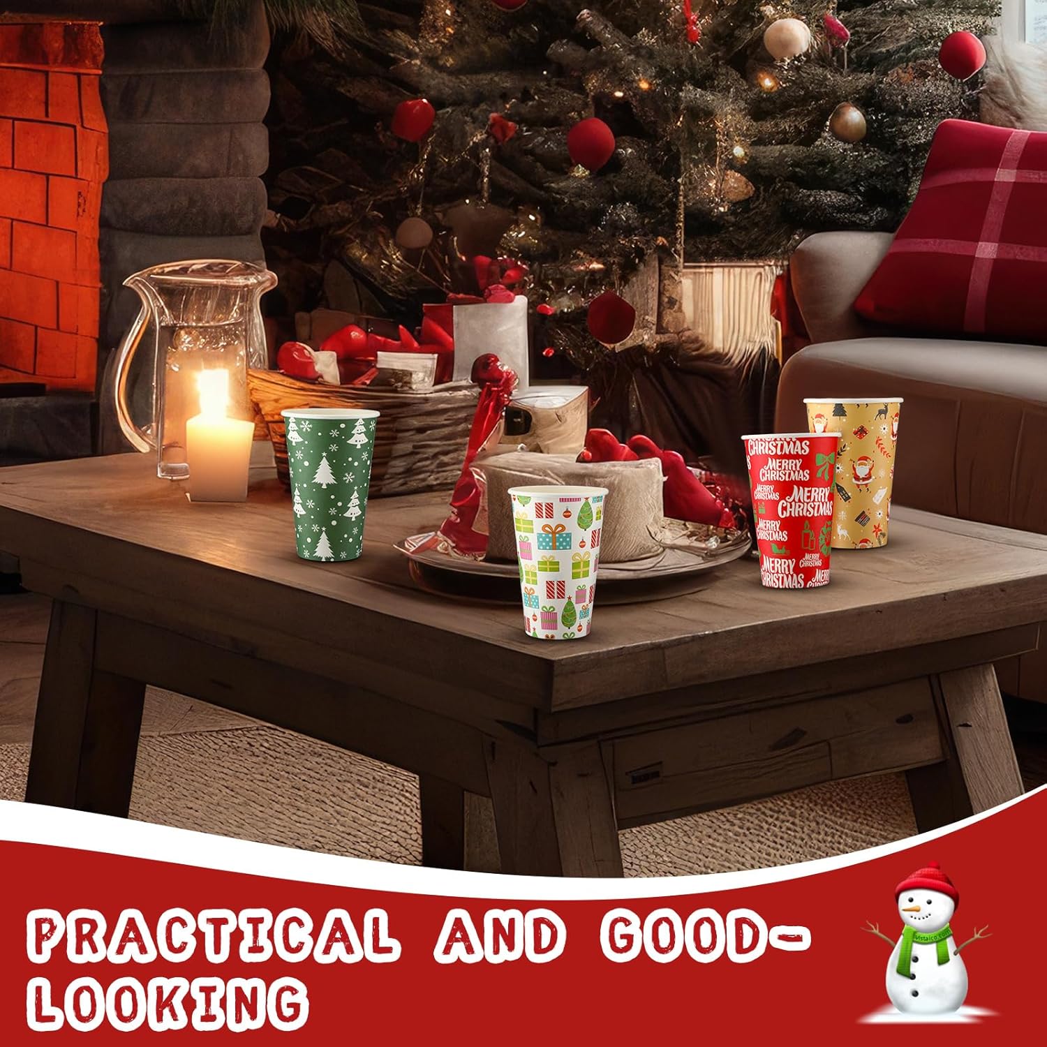 100 vasos de papel de café de Navidad con tapas, 16 onzas, desechables, muñeco de nieve, Papá Noel, elfo, tazas de papel para bebidas calientes de