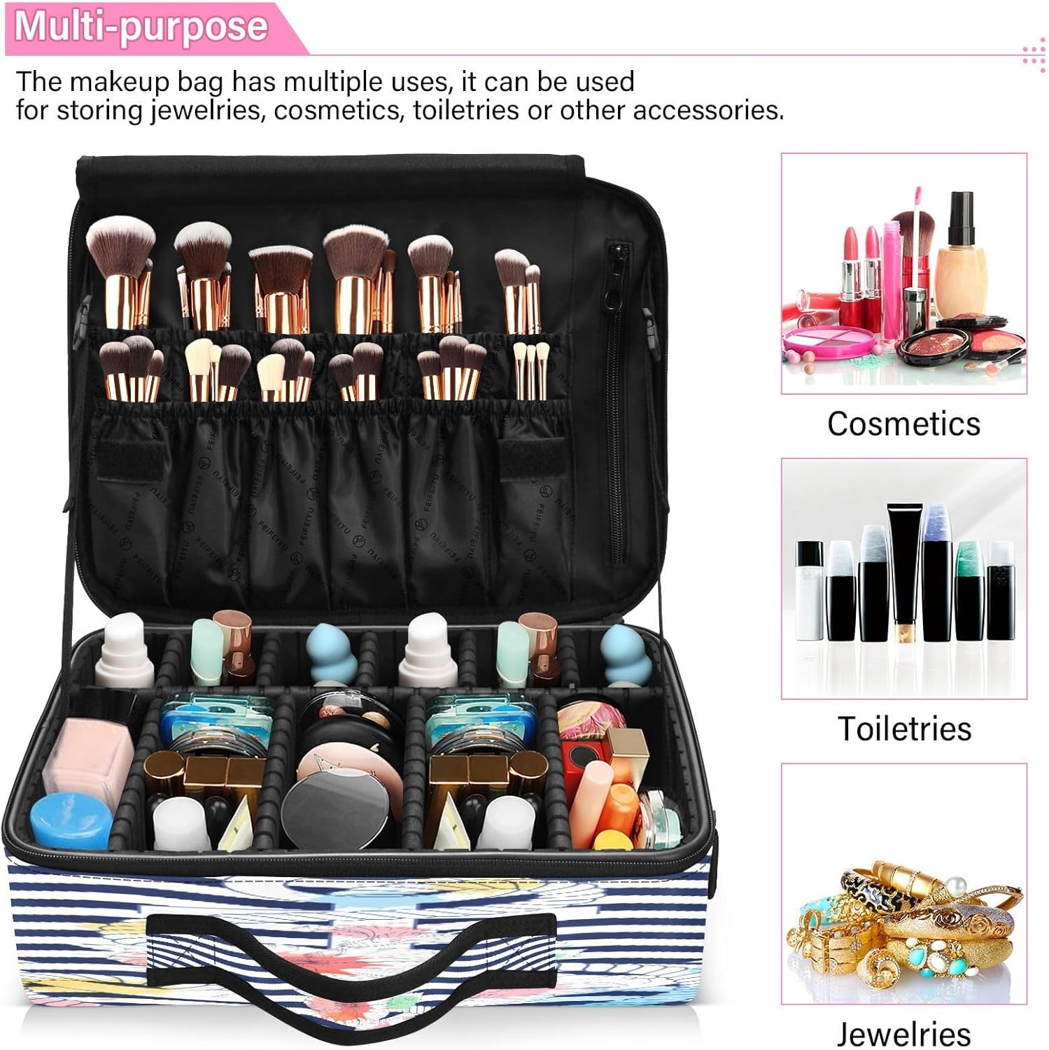 Ancla y flores onduladas de color azul marino a rayas con capacidad de viaje, bolsa de maquillaje de viaje, bolsa de maquillaje para mujer, bolsos