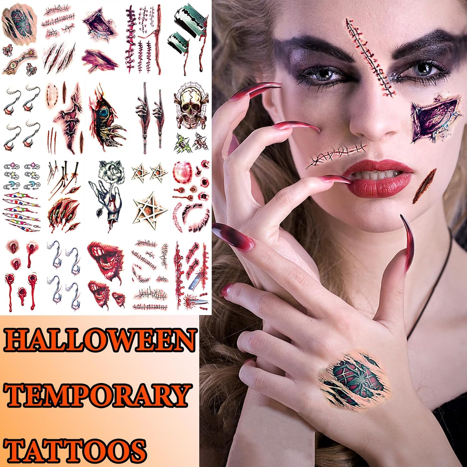 Fusang 20 tatuajes temporales de cicatrices de Halloween, realista, falsa herida sangrienta, impermeable, papel adhesivo para cosplay, fiesta,