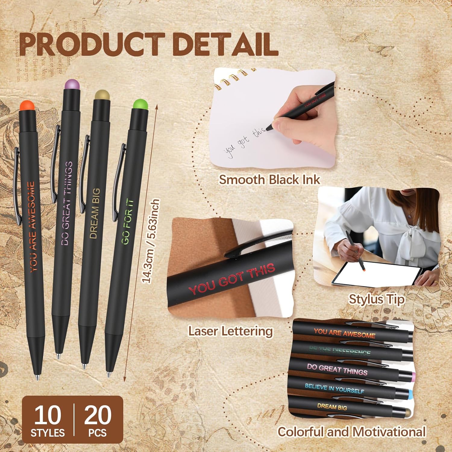 20 bolígrafos inspiradores divertidos, con citas motivacionales, bolígrafos con punta de lápiz capacitivo, escritura alentadora, bolígrafo de tinta