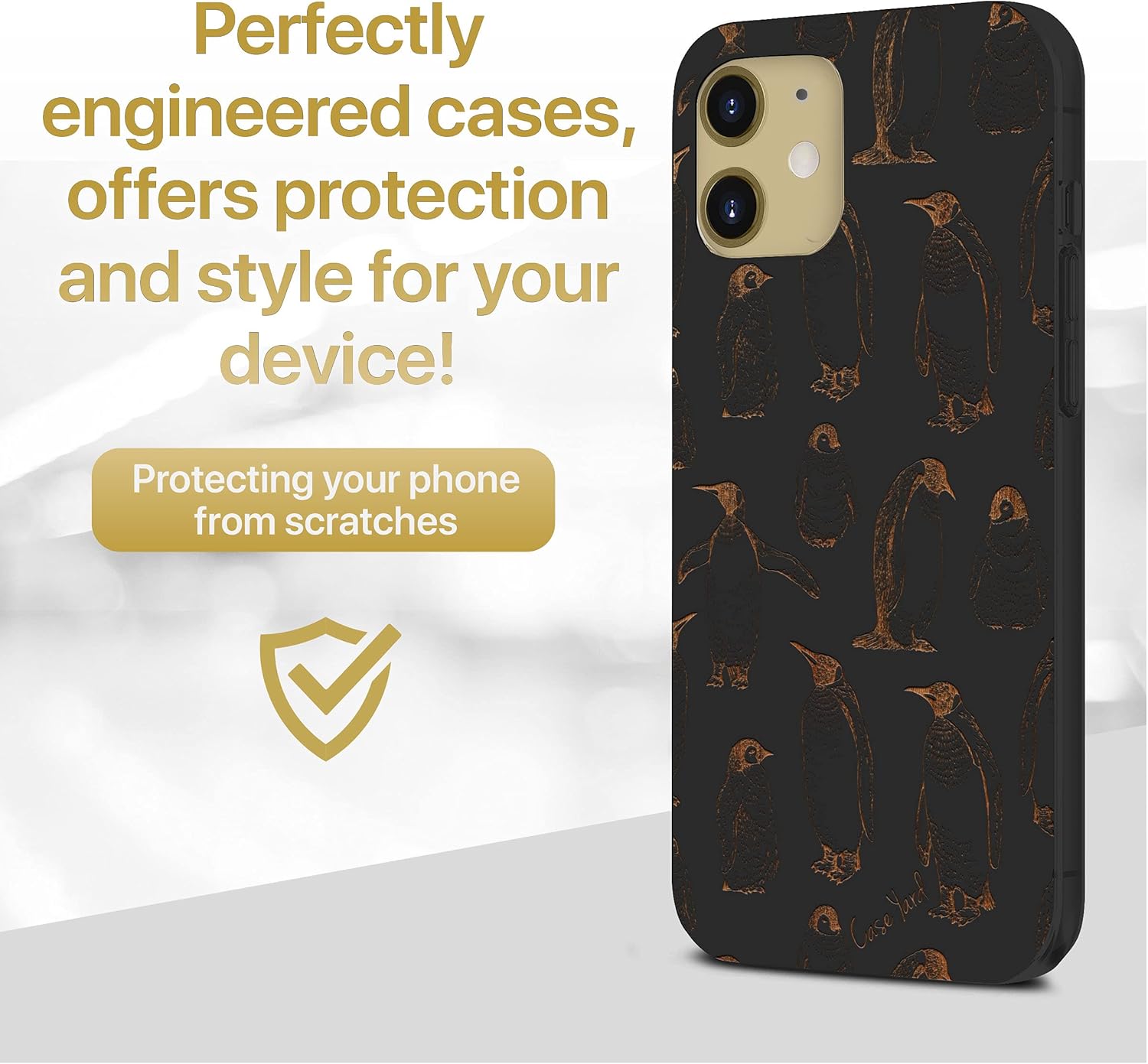 CaseYard Funda de madera para iPhone 11 con grabado láser, diseño de pingüino, compatible con madera negra, funda protectora a prueba de golpes,