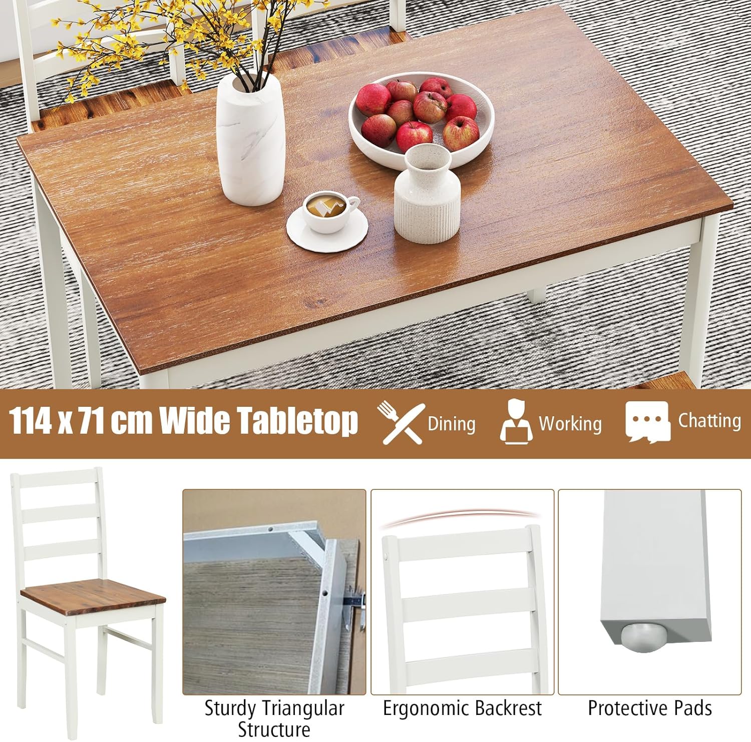 Tangkula Juego de mesa de comedor para 4, madera maciza, juego de comedor de granja con patas de madera de goma, juego de mesa de comedor y sillas