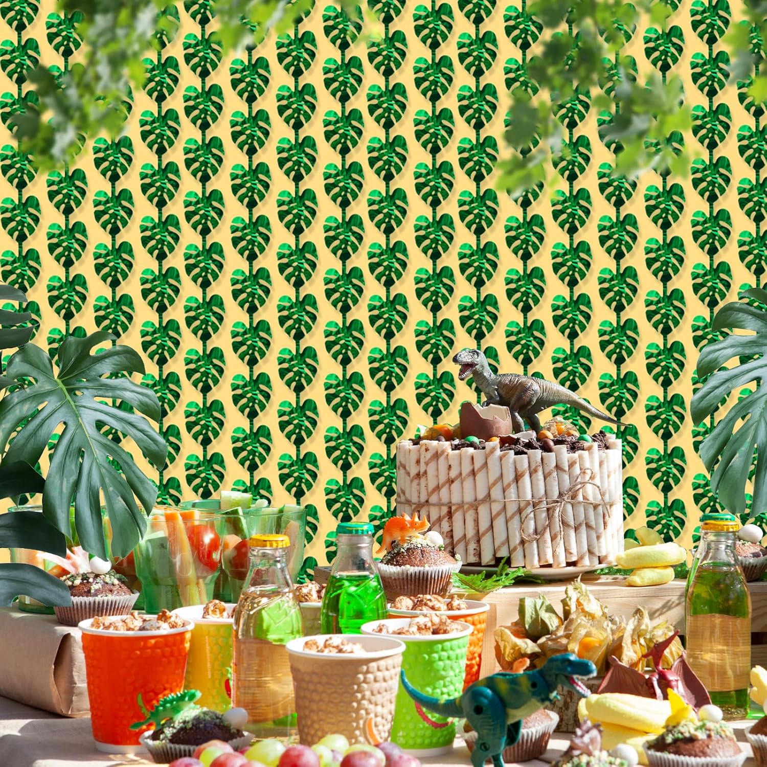 Decoraciones tropicales para fiestas, paquete de 2 unidades, diseño de hojas de palmera tropicales verdes, 3.3 x 6.6 pies, cortinas de flecos de