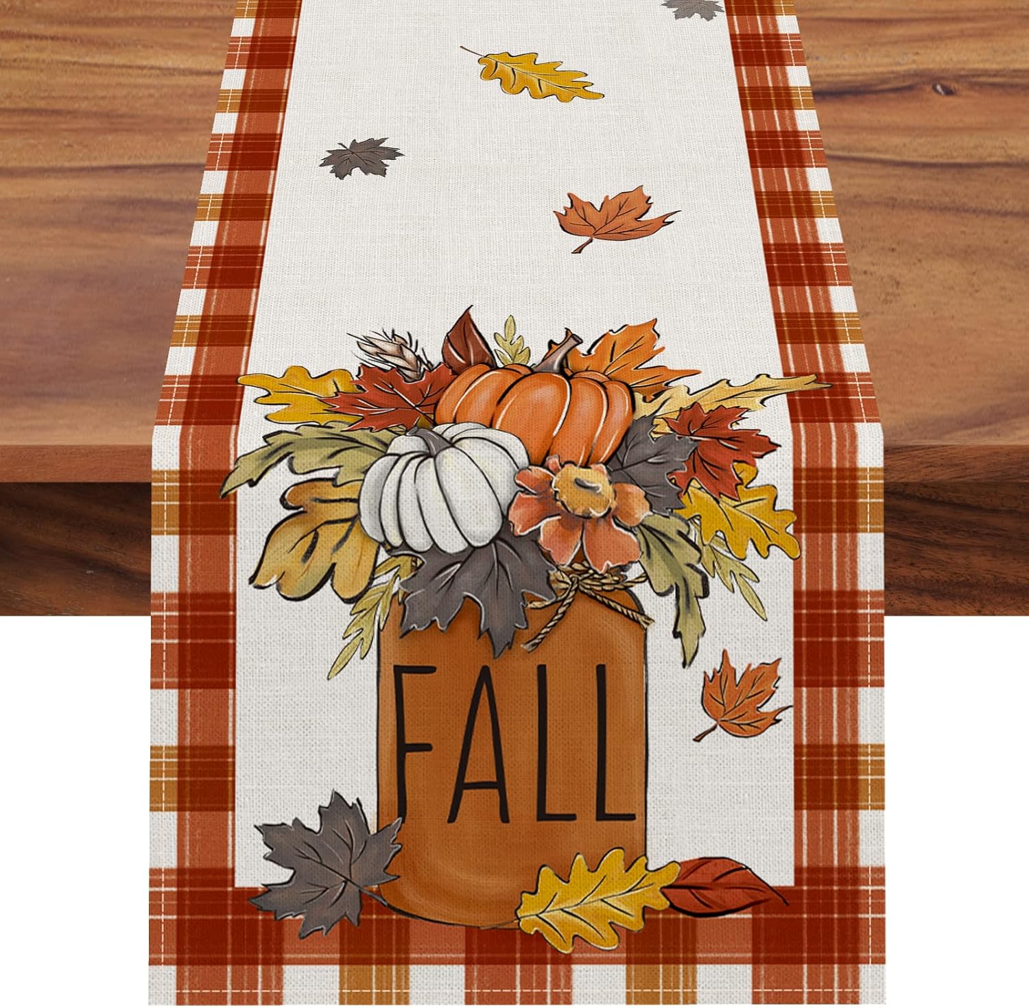 Seliem Camino de mesa de otoño con hojas de arce y calabaza, tarro de otoño, cuadros de búfalo, decoración de mesa de comedor de temporada,