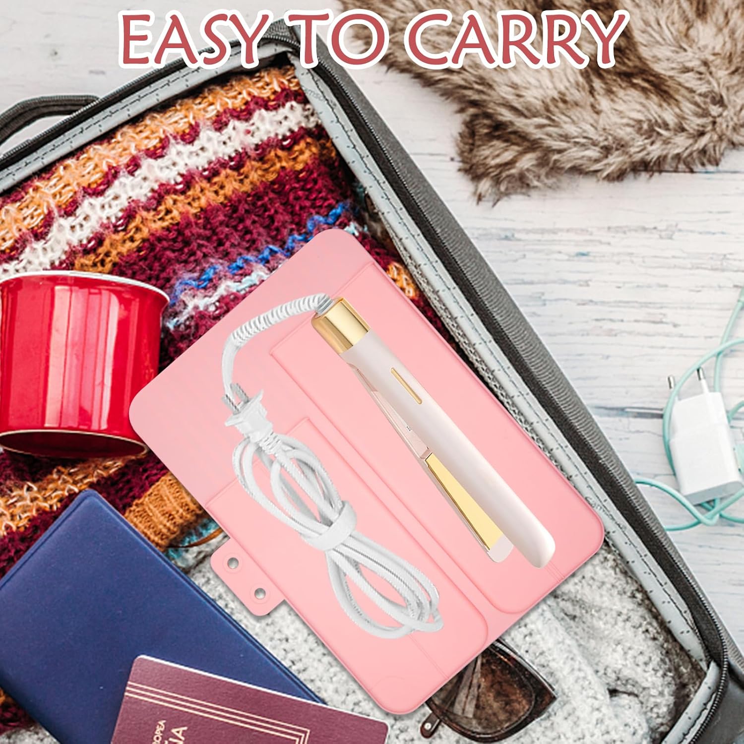 Alfombrilla 2 en 1 resistente al calor, bolsa de viaje para herramientas para el cabello, funda de viaje de hierro plano, soporte de alfombrilla de