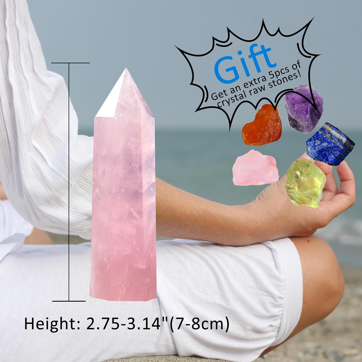 Runyangshi Torre de cristal curativo de cuarzo rosa natural de 3 pulgadas con 5 piedras crudas de cristal en bruto para Reiki Chakra Meditación