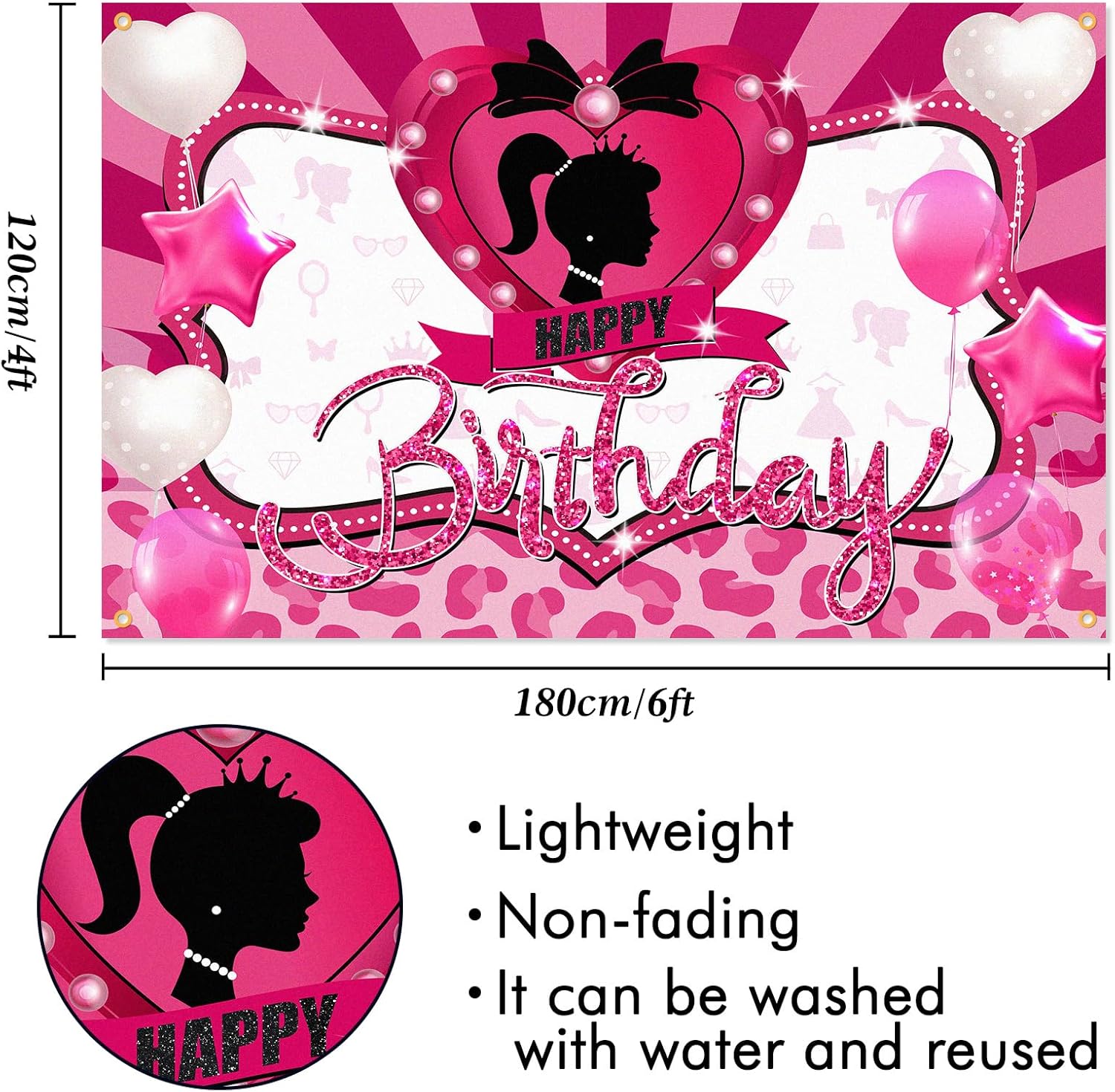 Cartel de fondo de cumpleaños de niña rosa con texto en inglés Happy Birthday con temática de princesa, suministros de decoración de fotografía para